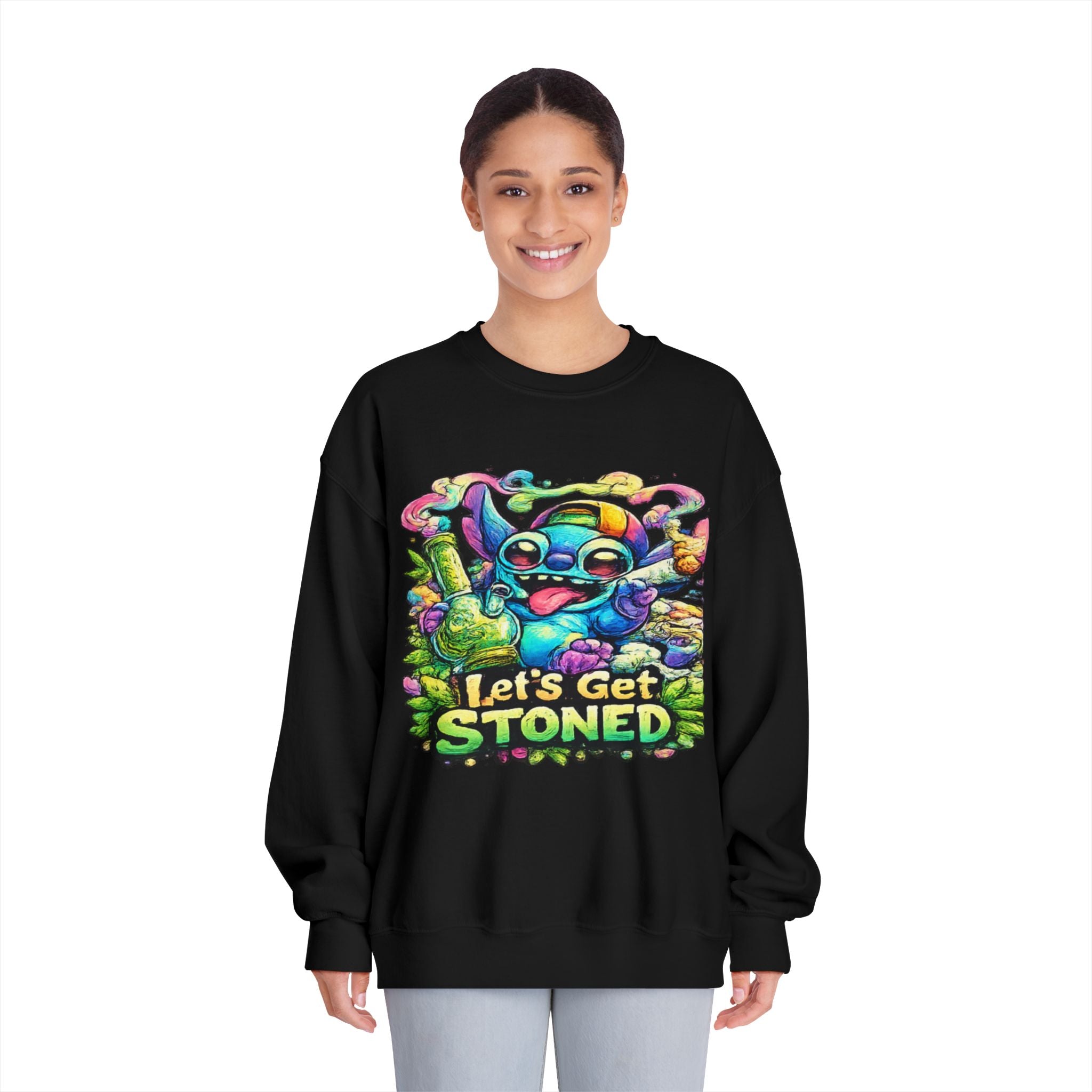 Let's Get Stoned Crewneck Sweatshirt – Colorful Psychedelic Alien Graphic