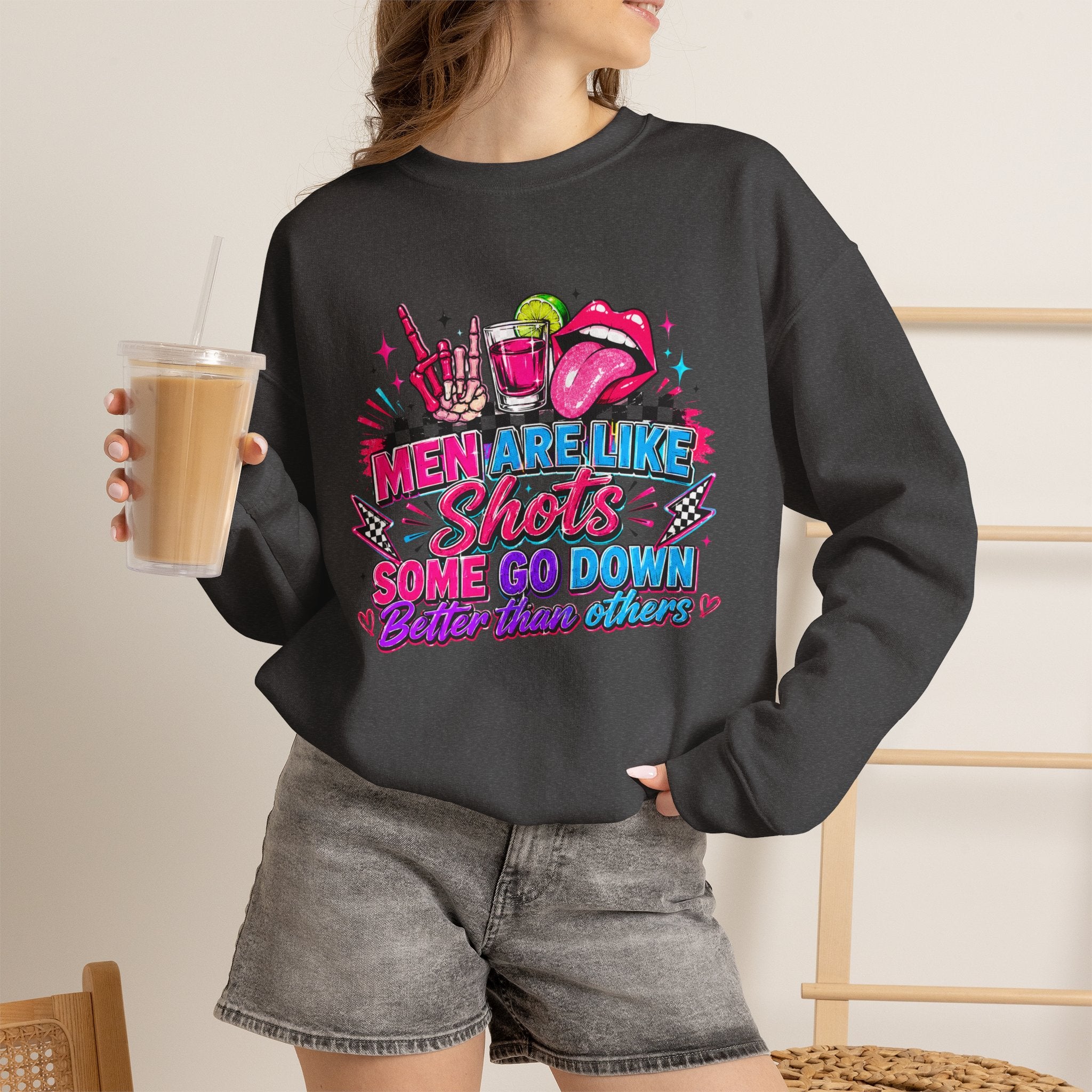 Crewneck Sweatshirt — "Men Are Like Shots" Retro Neon Cocktail Graphic