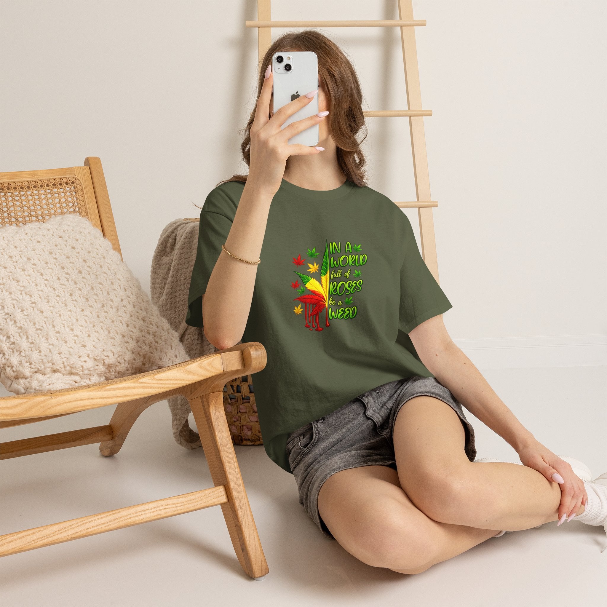 T-Shirt — "In A World Where Mosses Rule" Colorful Mushroom & Leaf Graphic