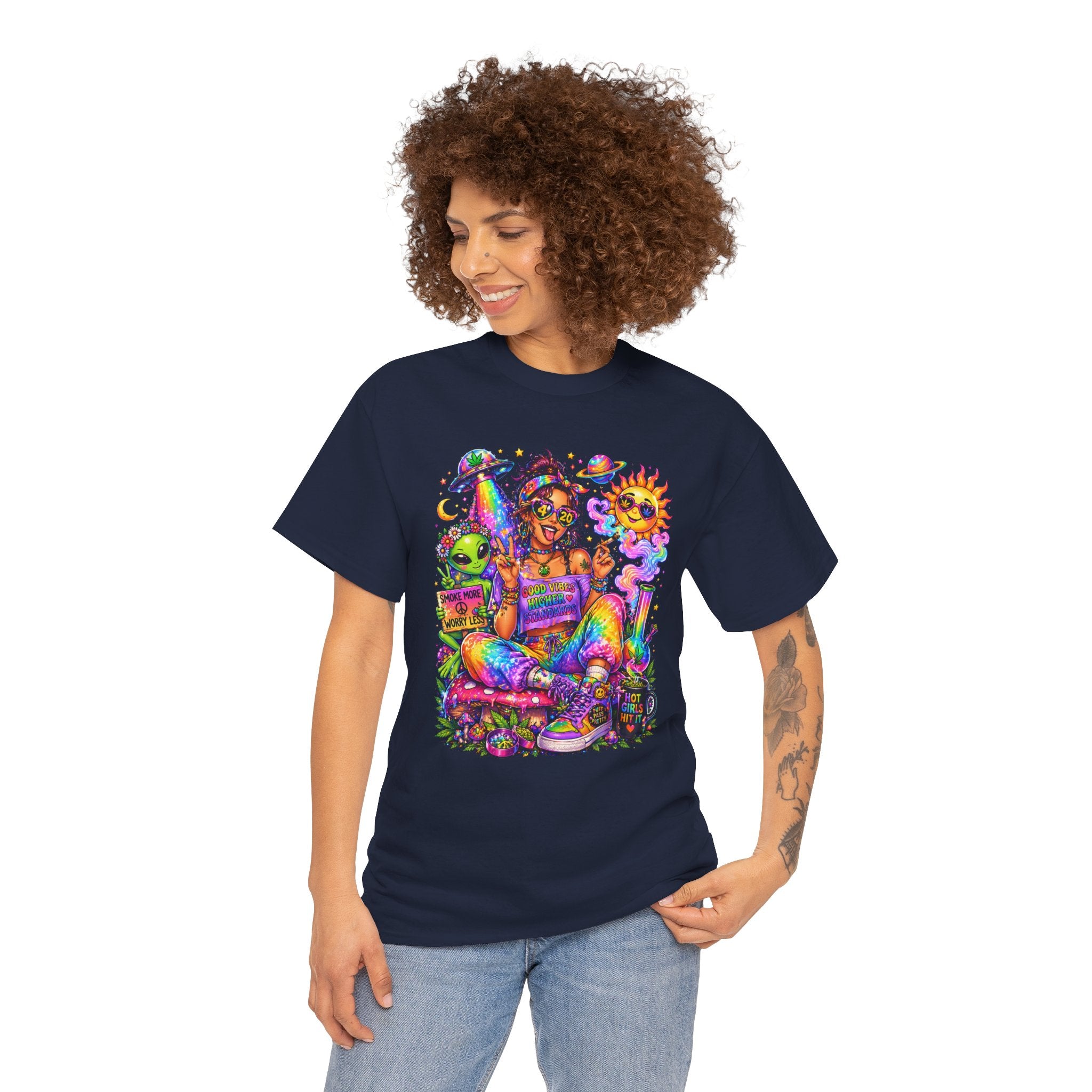 Psychedelic Hippie Girl T-Shirt — Colorful Boho Sun, Mushroom & Alien Graphic Tee
