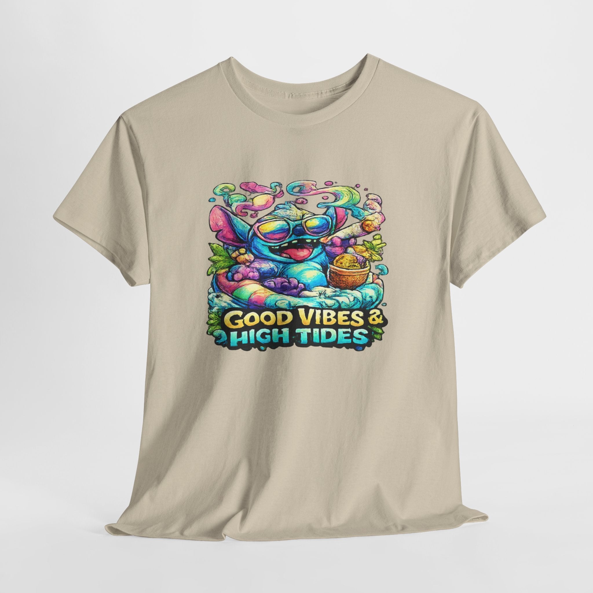T-Shirt — "Good Vibes & High Tides" Colorful Surf Shark Graphic Tee