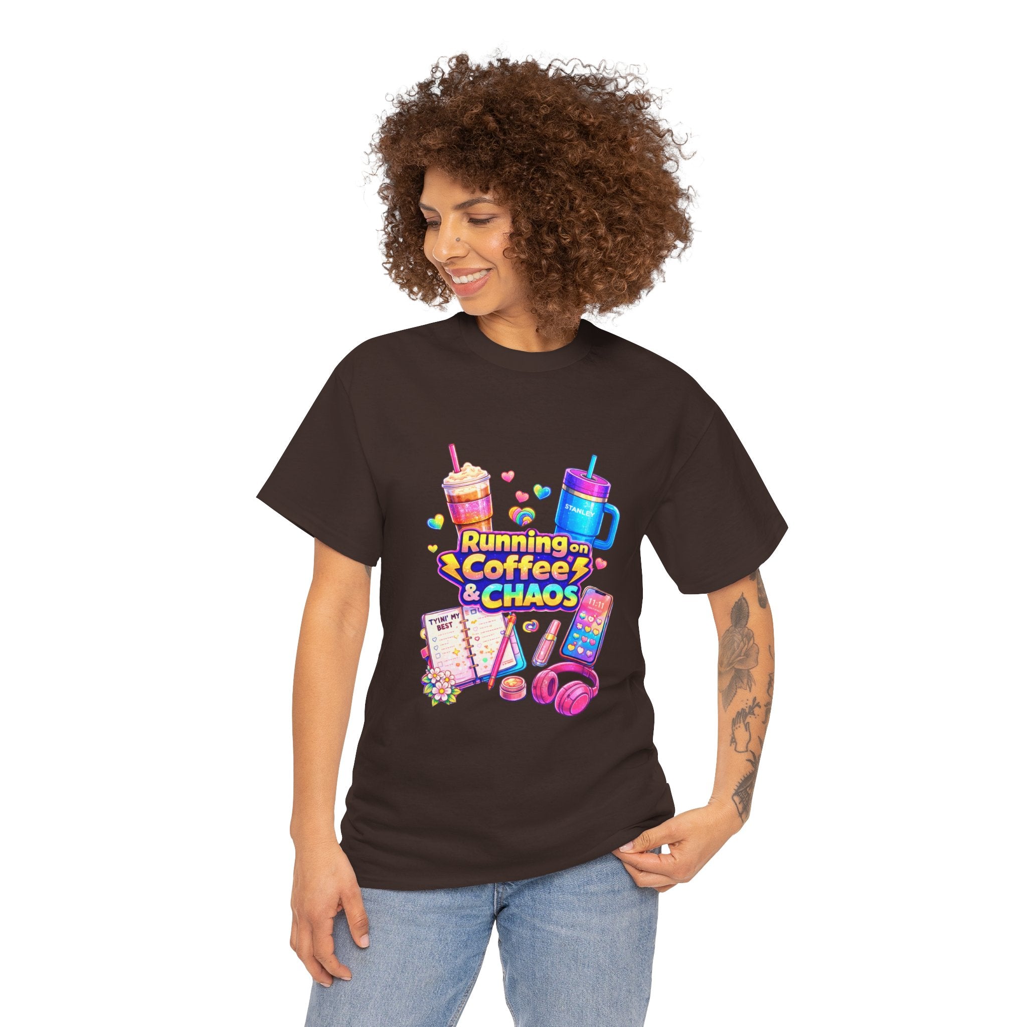 Graphic Tee — "Running on Coffee & Chaos" Colorful Planner Lover Shirt