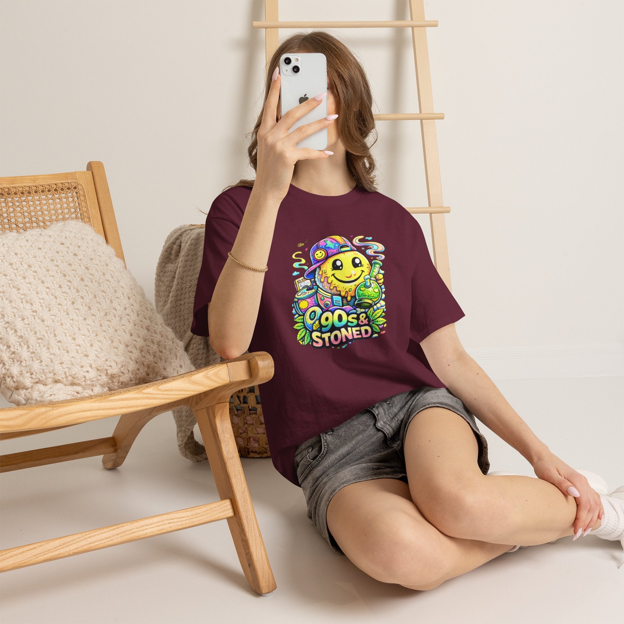 90s & Stoned Smiley Tee — Retro Vaporwave Cannabis Graphic T-Shirt