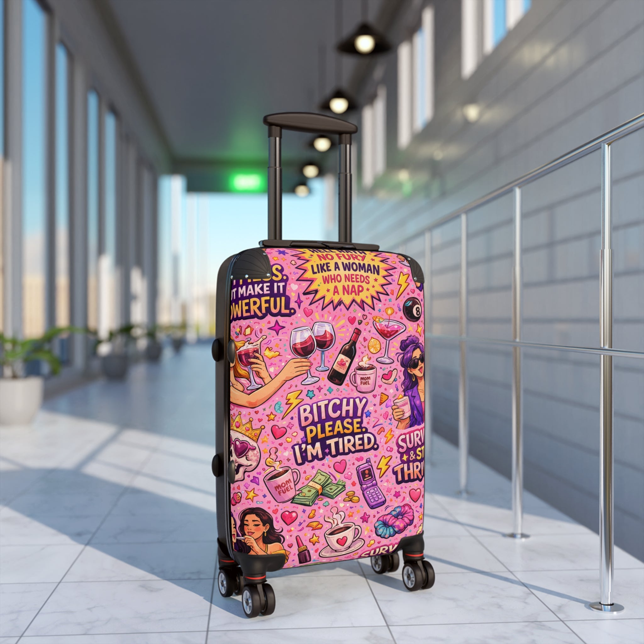 Pink Sassy Travel Suitcase – "Bitchy, Please I'm Tired" Patterned Carry-On