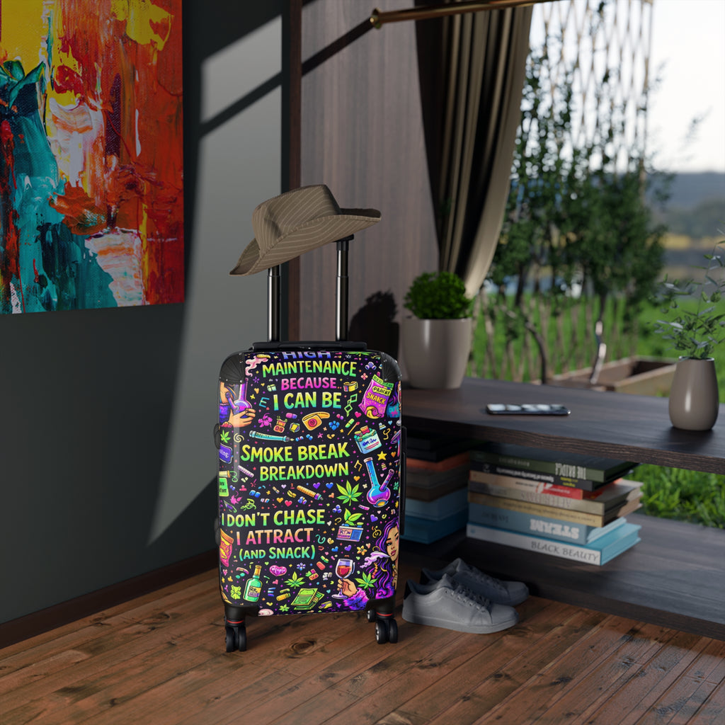 Suitcase — Colorful Cannabis Self-Care Carry-On: "Maintenance Because I Can Be" Travel Luggage