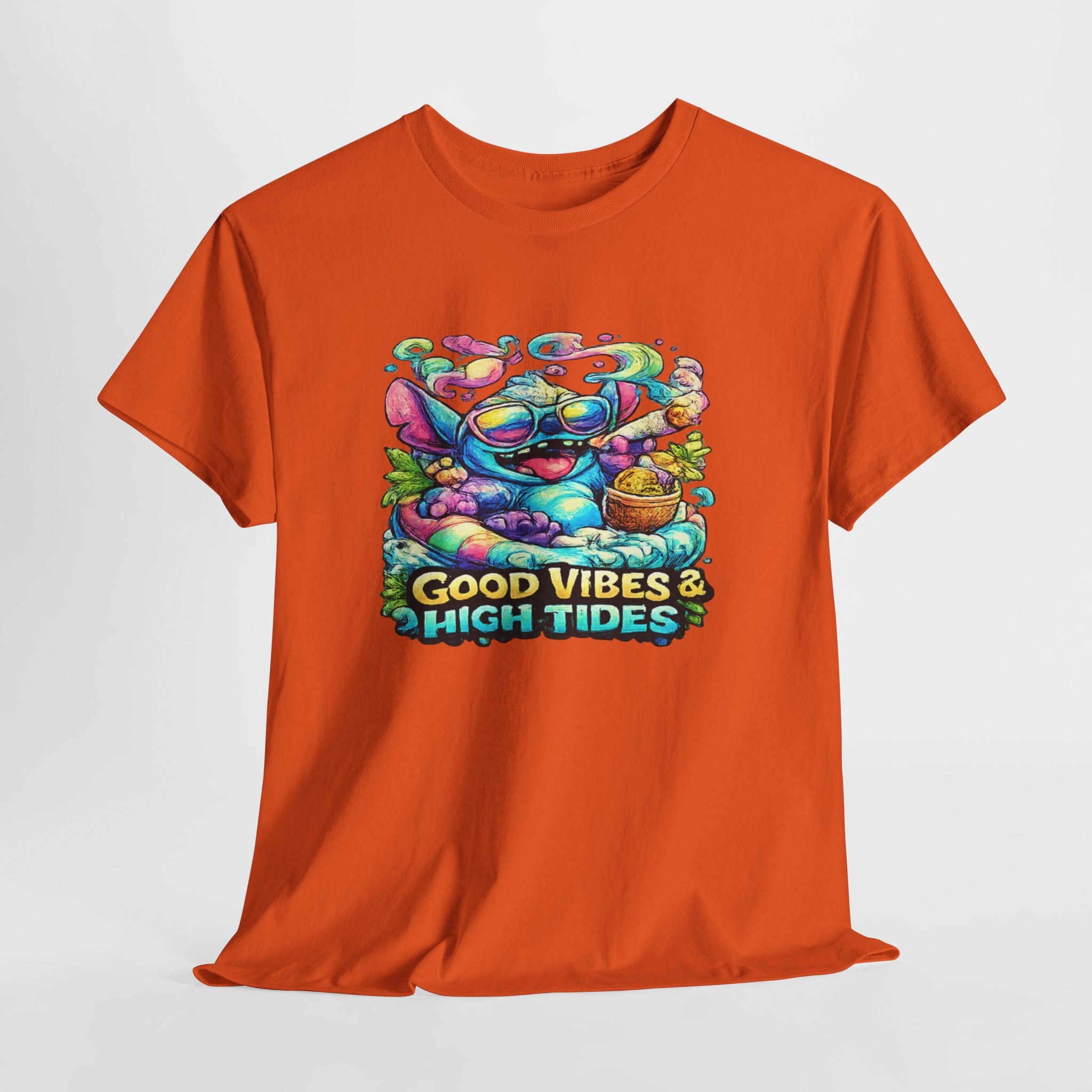 T-Shirt — "Good Vibes & High Tides" Colorful Surf Shark Graphic Tee