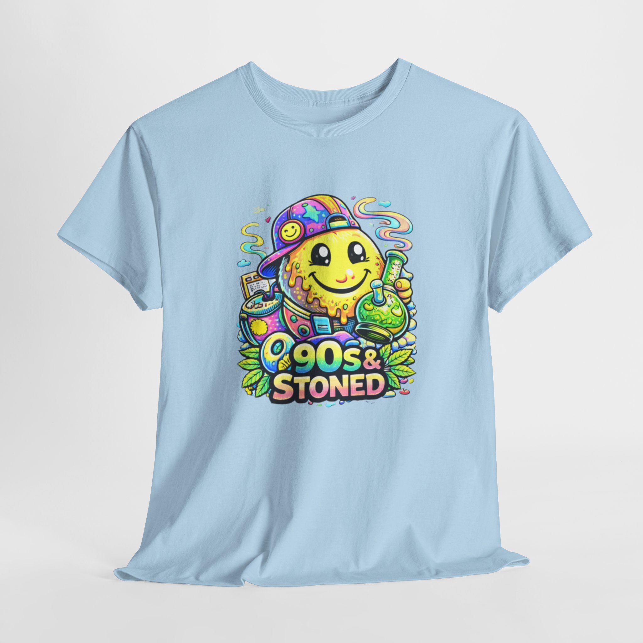 90s & Stoned Smiley Tee — Retro Vaporwave Cannabis Graphic T-Shirt