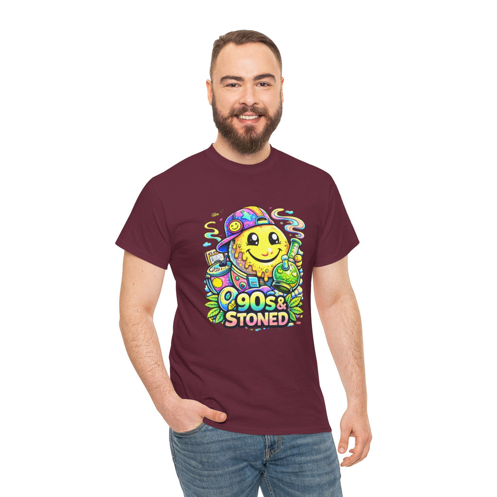 90s & Stoned Smiley Tee — Retro Vaporwave Cannabis Graphic T-Shirt