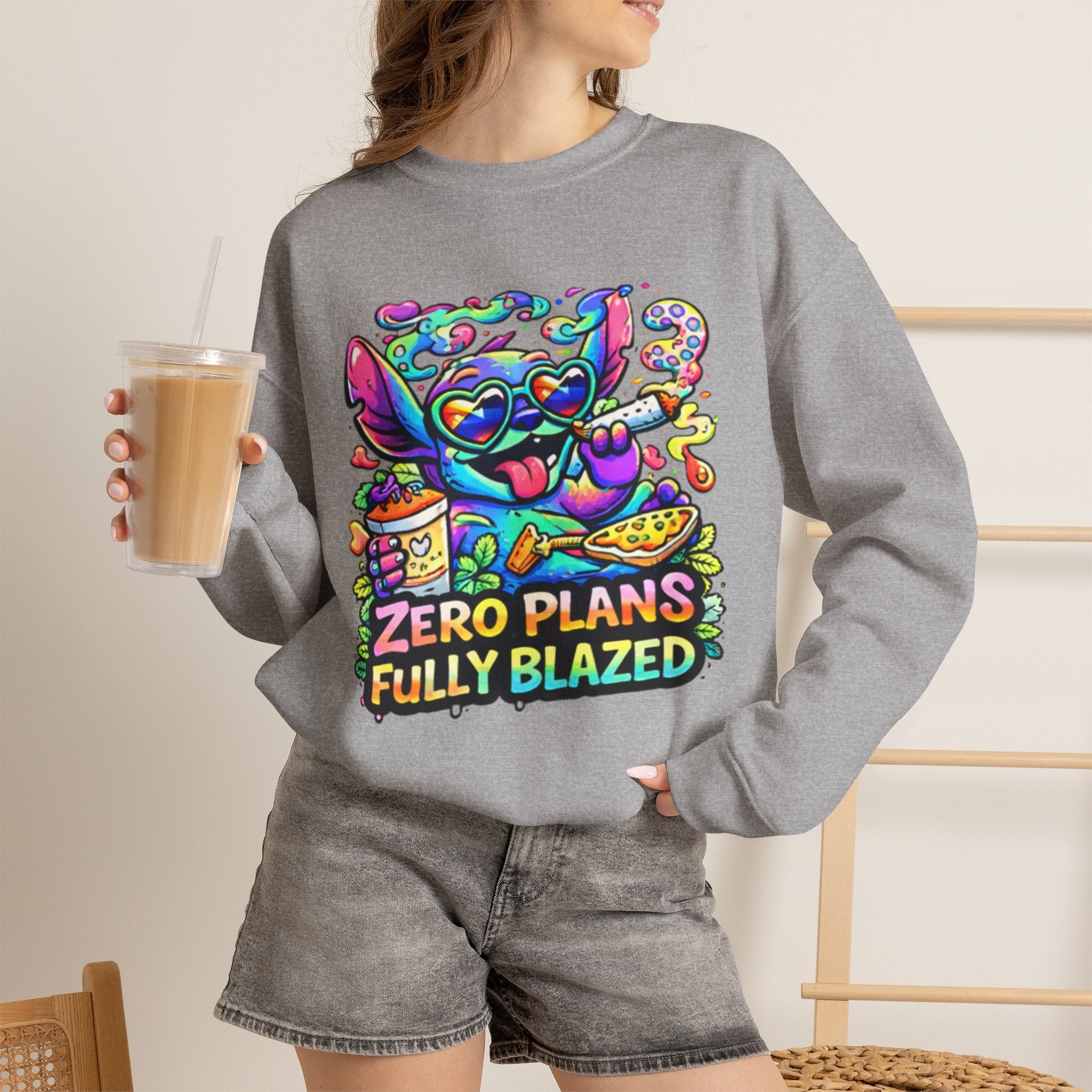 Crewneck Sweatshirt — "Zero Plans Fully Blazed" Colorful Stoner Cartoon Graphic