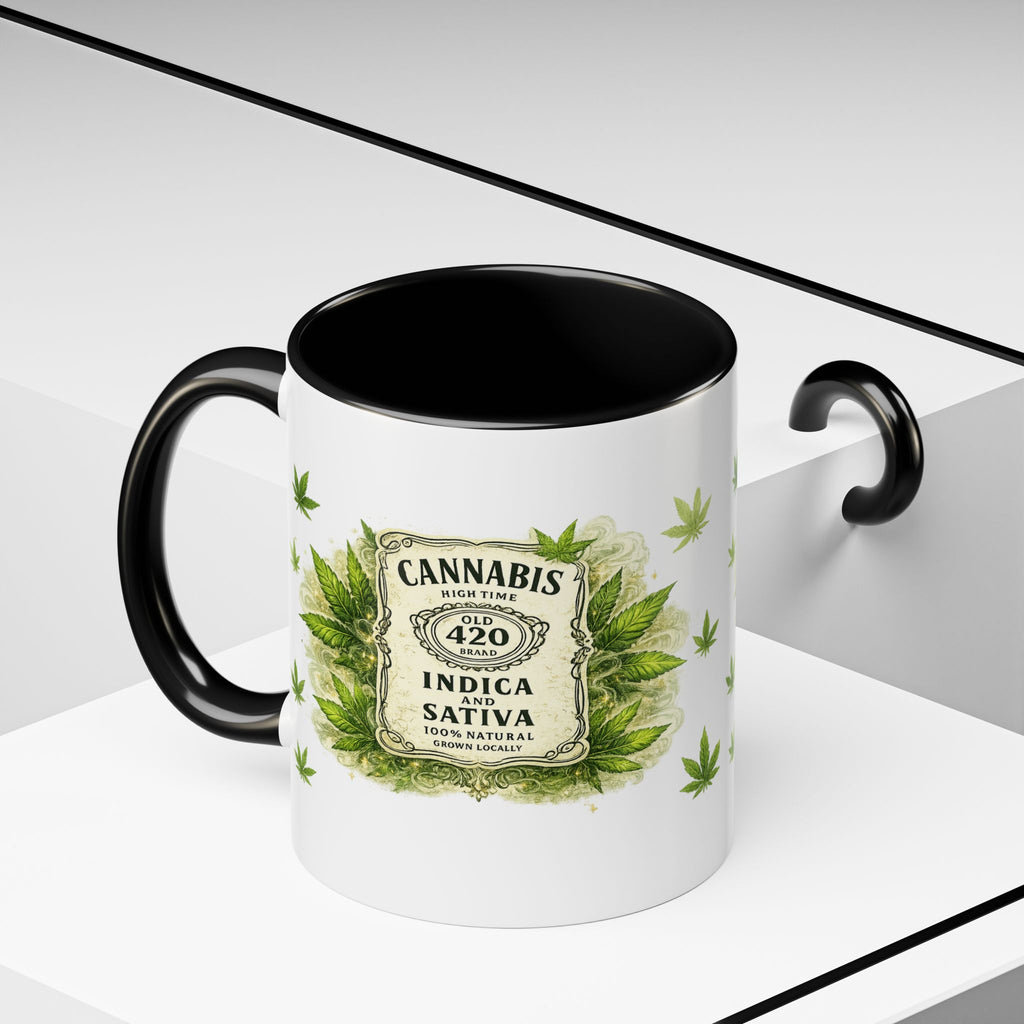 Cannabis 420 Accent Coffee Mug — Indica & Sativa Leaf Pattern (11/15oz)