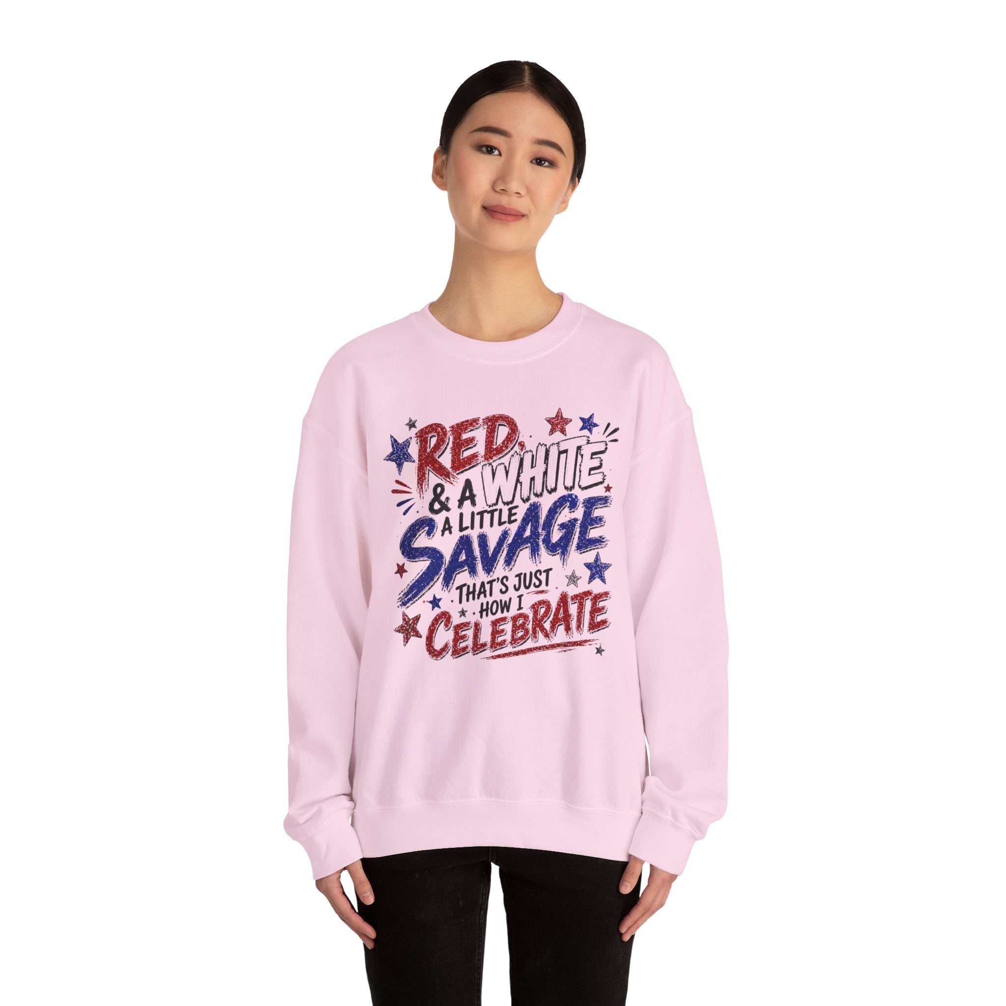 Crewneck Sweatshirt — "Red & White & A Little Savage" Patriotic 4th of July Pullover