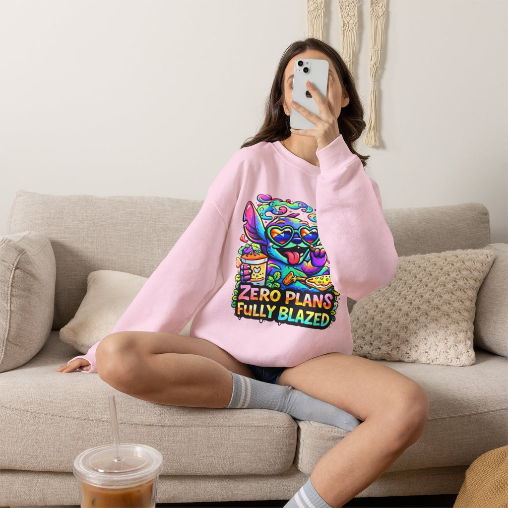 Crewneck Sweatshirt — "Zero Plans Fully Blazed" Colorful Stoner Cartoon Graphic