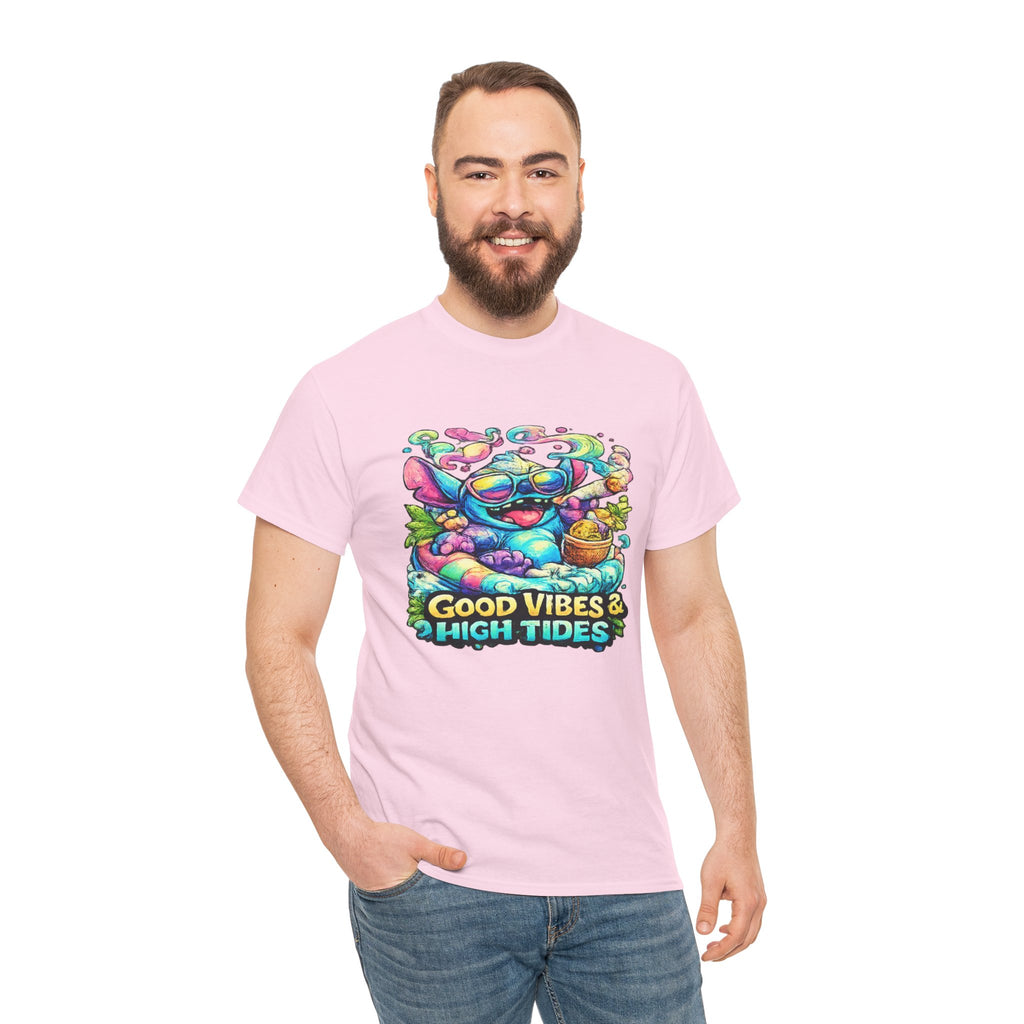 T-Shirt — "Good Vibes & High Tides" Colorful Surf Shark Graphic Tee