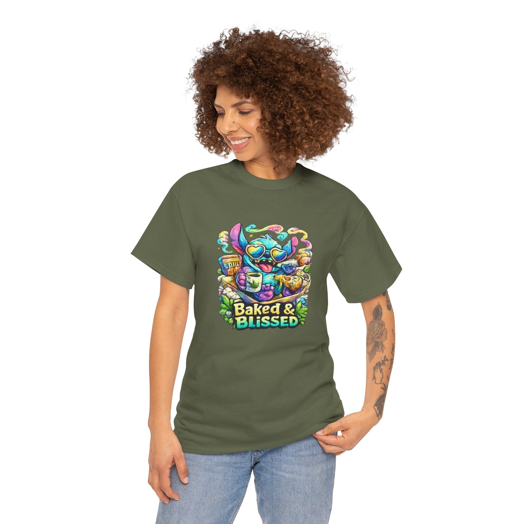 T-Shirt — Colorful 'Baked & Blissed' Cartoon Dessert Graphic Tee