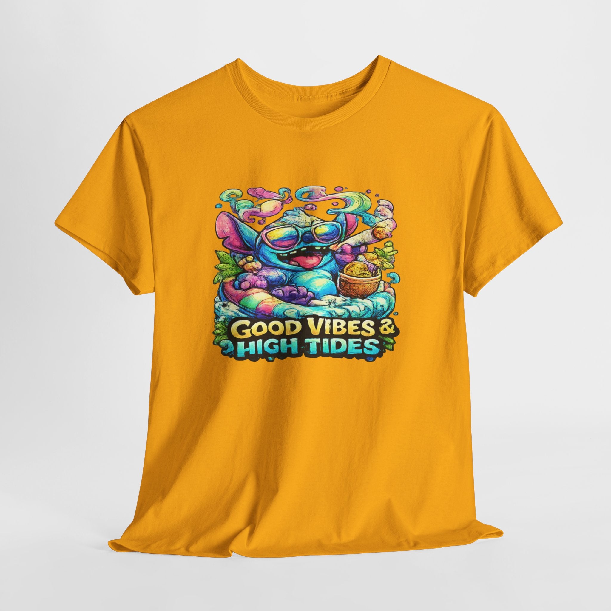 T-Shirt — "Good Vibes & High Tides" Colorful Surf Shark Graphic Tee