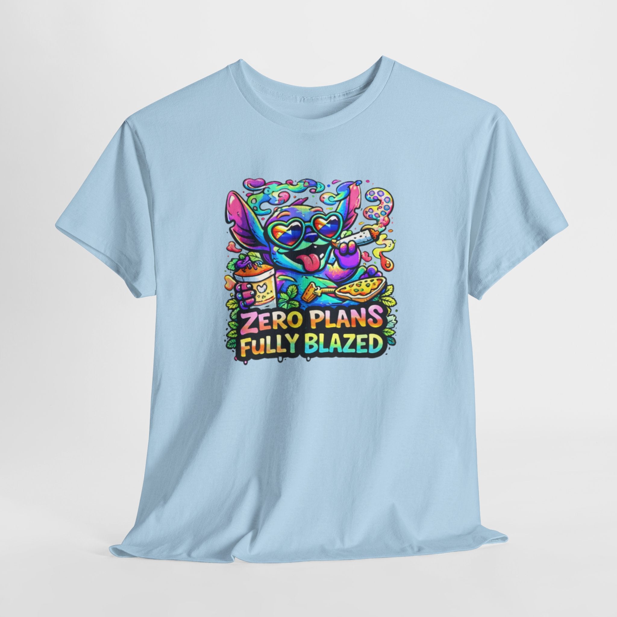 Zero Plans Fully Blazed Tee — Colorful Stoner Cat Graphic T-Shirt