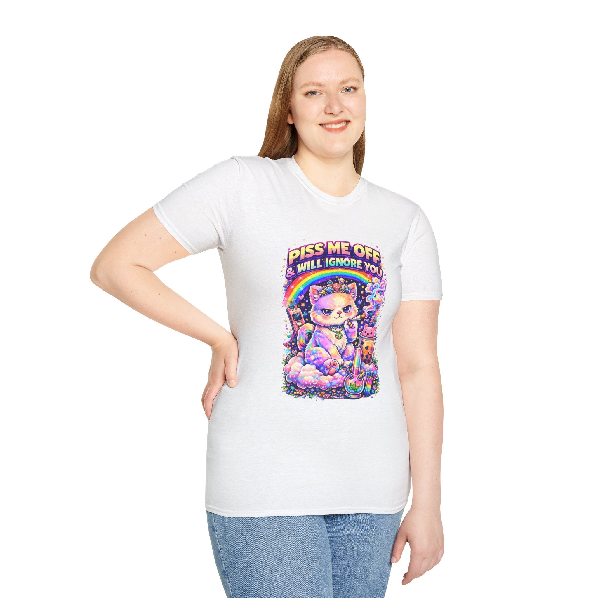Graphic T-Shirt — "Piss Me Off & I Will Ignore You" Cute Grumpy Cat Rainbow Design