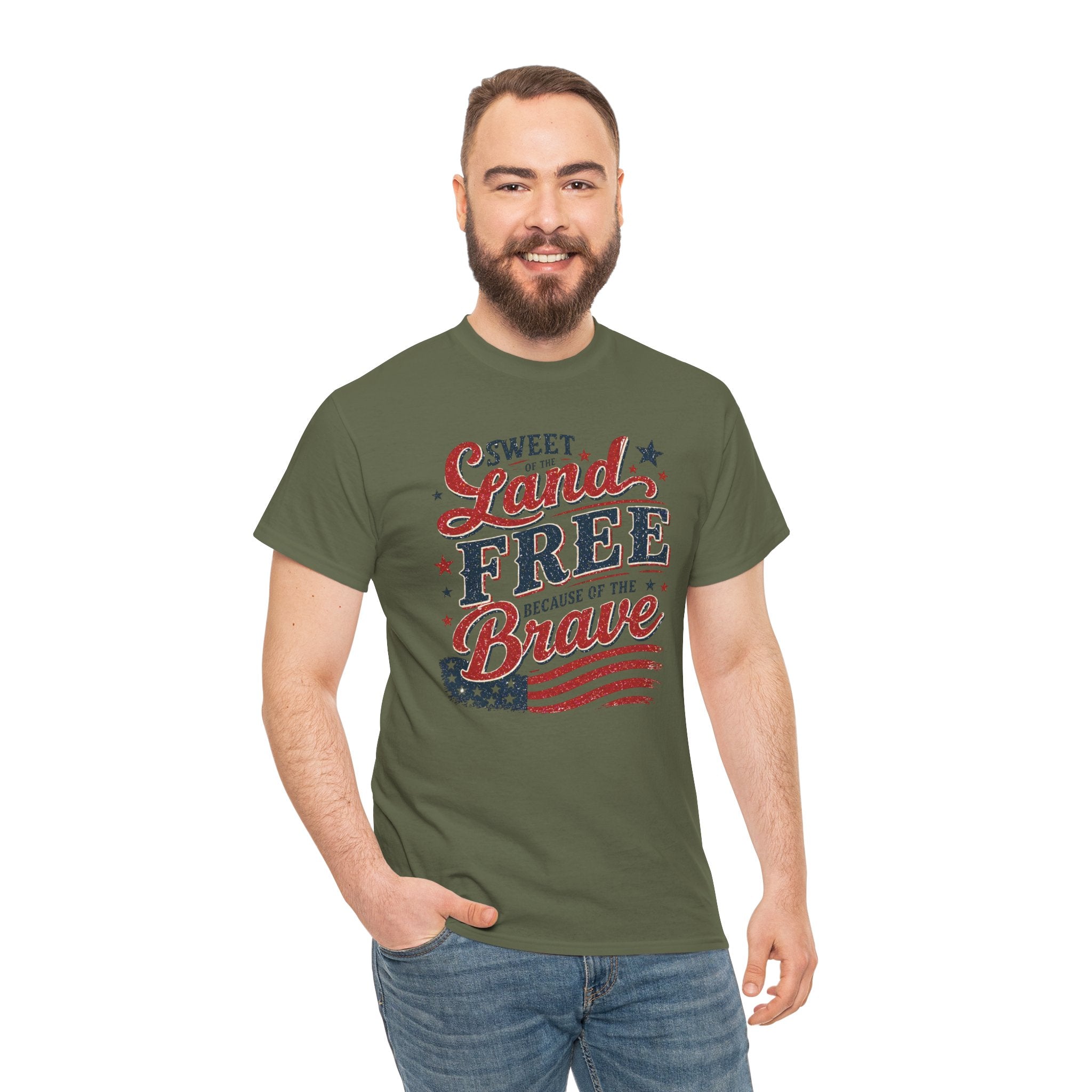 Patriotic Tee — "Sweet Land Free Because of the Brave" American Flag Shirt