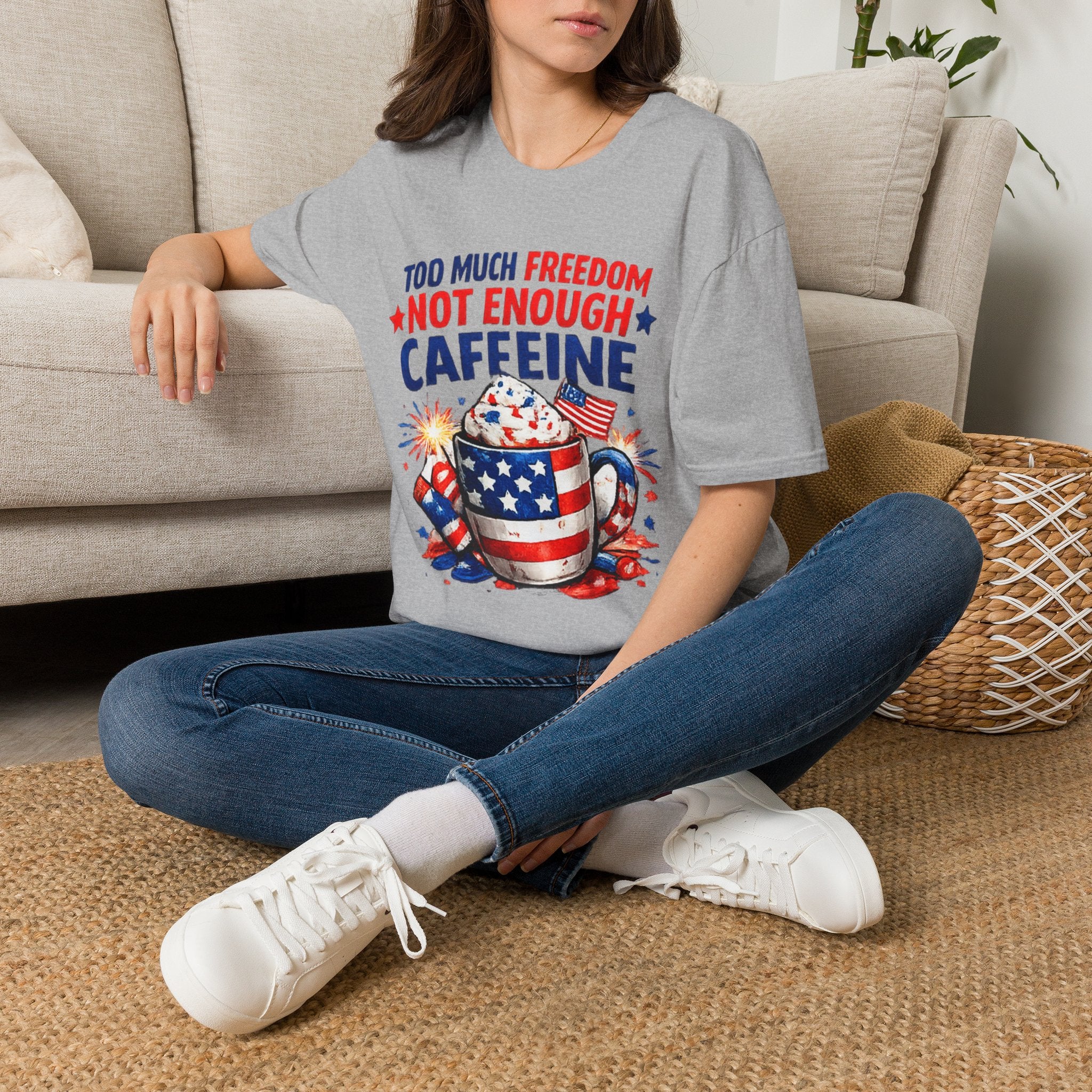 Patriotic Coffee T-Shirt — "Too Much Freedom Not Enough Caffeine"