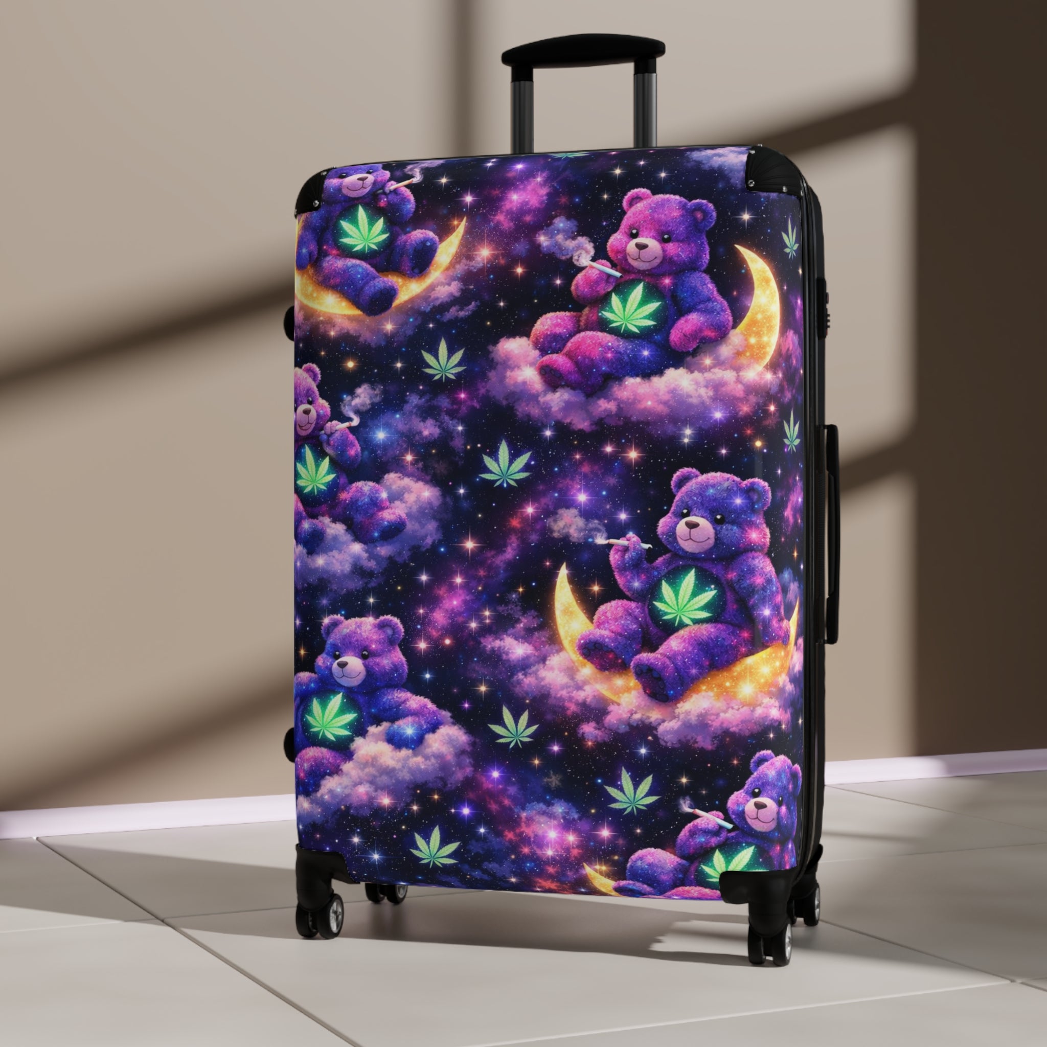 Cosmic Candy Bears Carry-On Suitcase – Purple Dreamscape Luggage with Moon & Cloud Bears