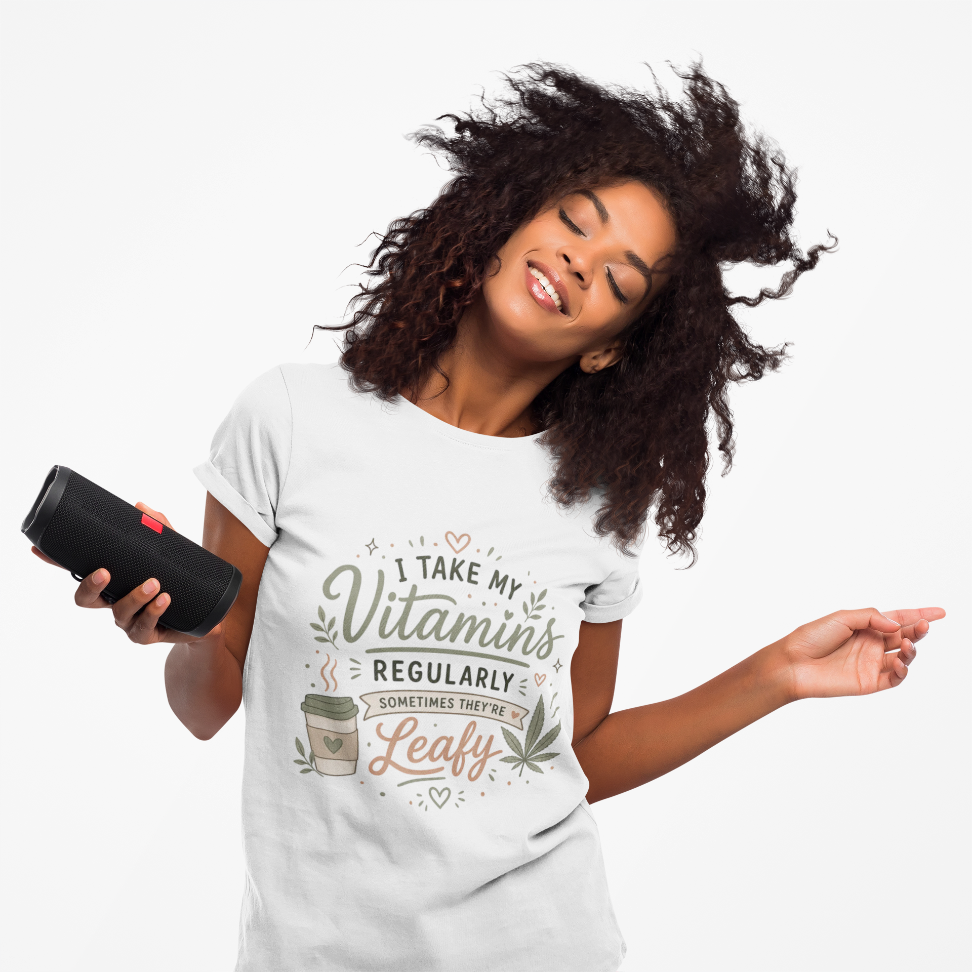 T-Shirt — "I Take My Vitamins Regularly, Sometimes They're Leafy" Funny Cannabis Coffee Tee