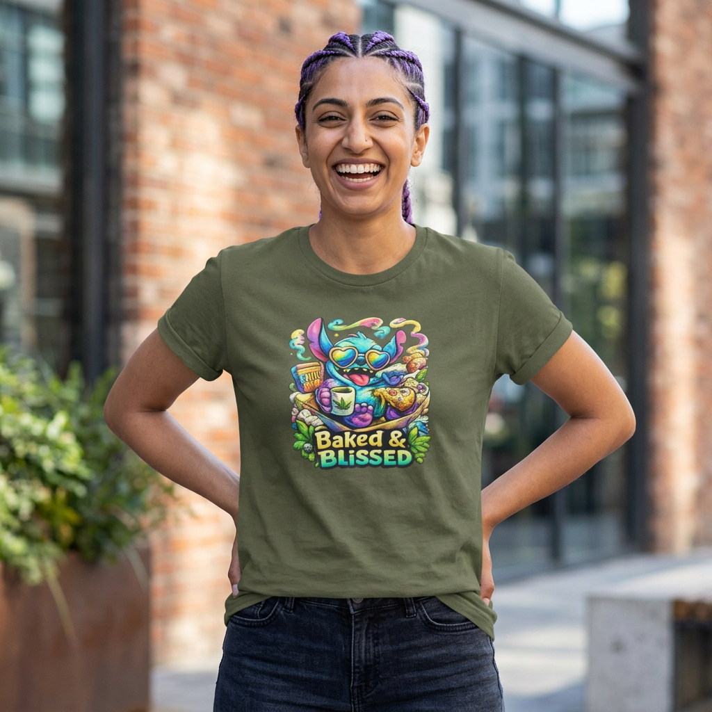 T-Shirt — Colorful 'Baked & Blissed' Cartoon Dessert Graphic Tee