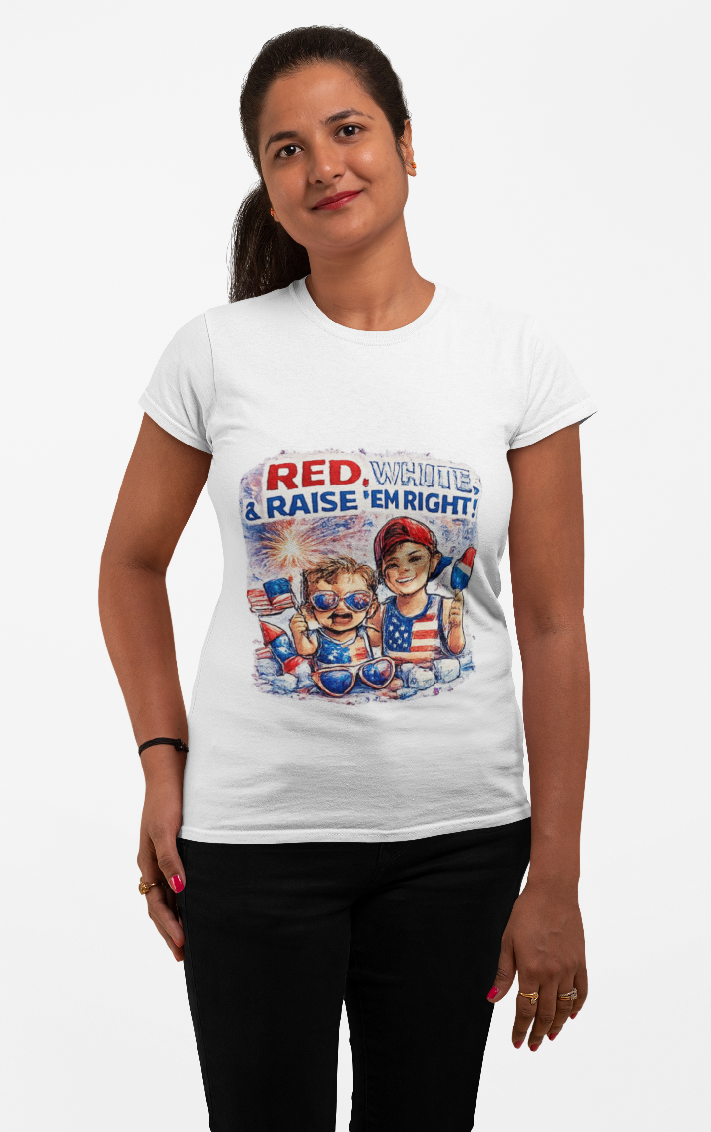 Patriotic Kids Tee — "Red, White & Raise 'Em Right" 4th of July Shirt