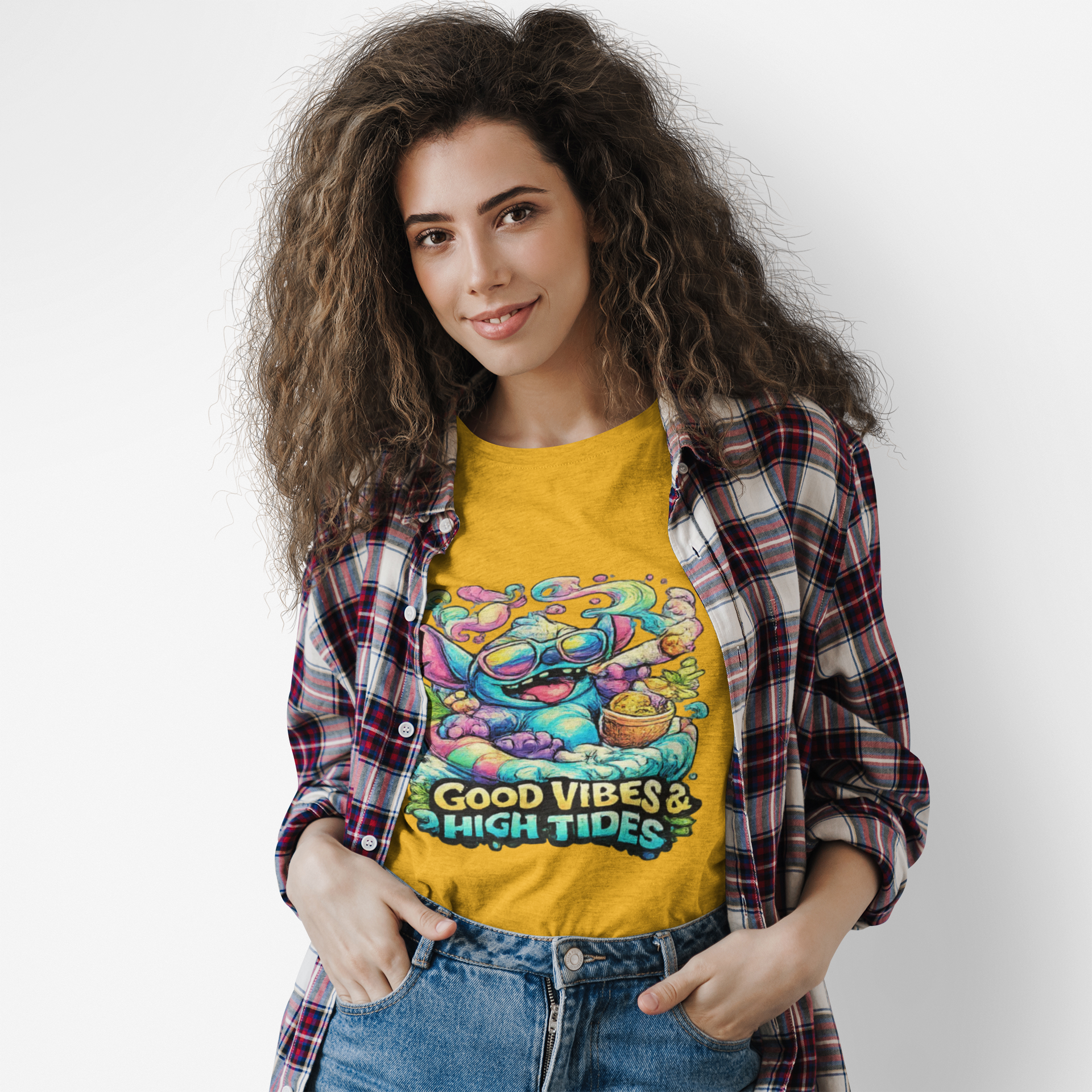 T-Shirt — "Good Vibes & High Tides" Colorful Surf Shark Graphic Tee
