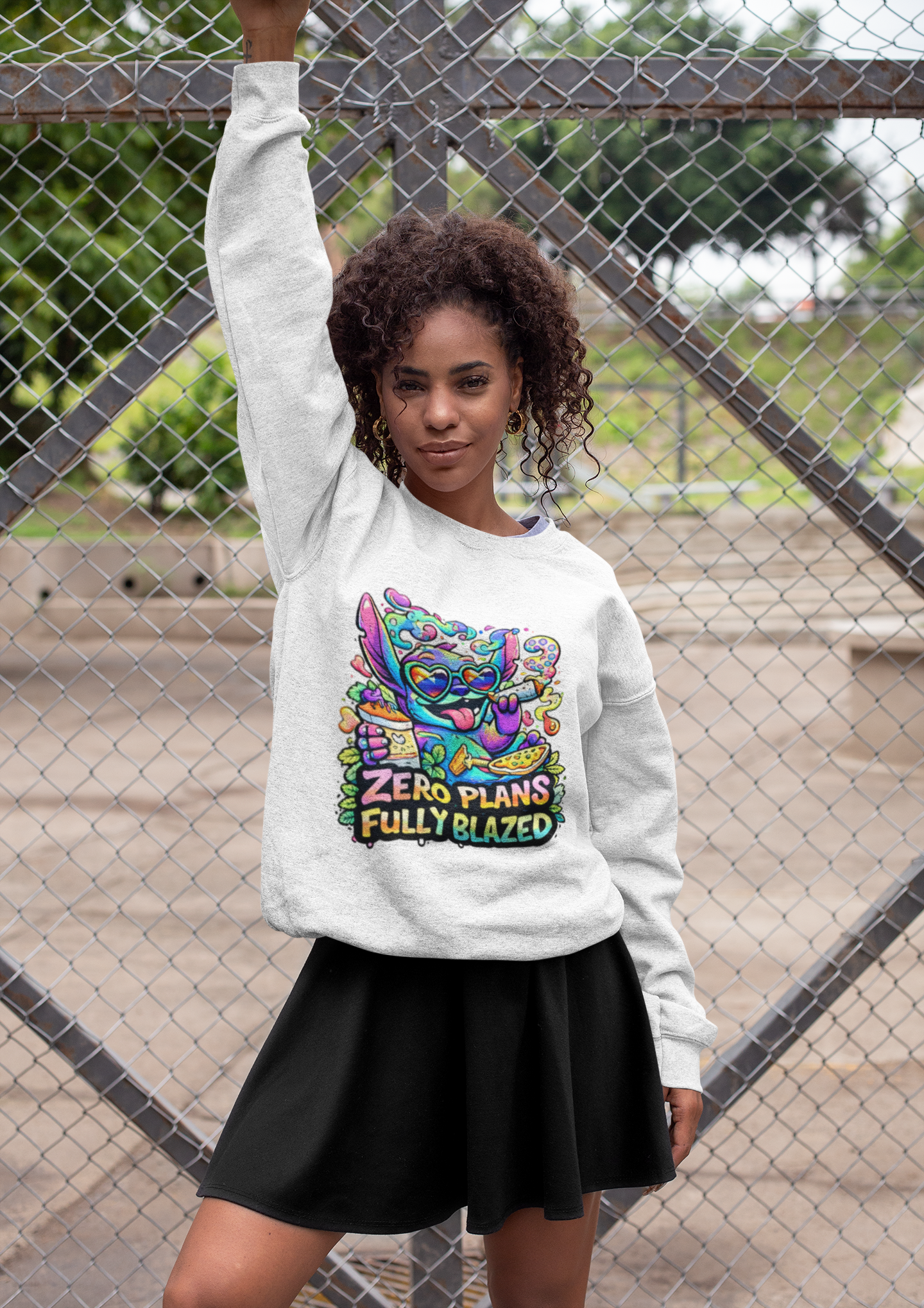 Crewneck Sweatshirt — "Zero Plans Fully Blazed" Colorful Stoner Cartoon Graphic