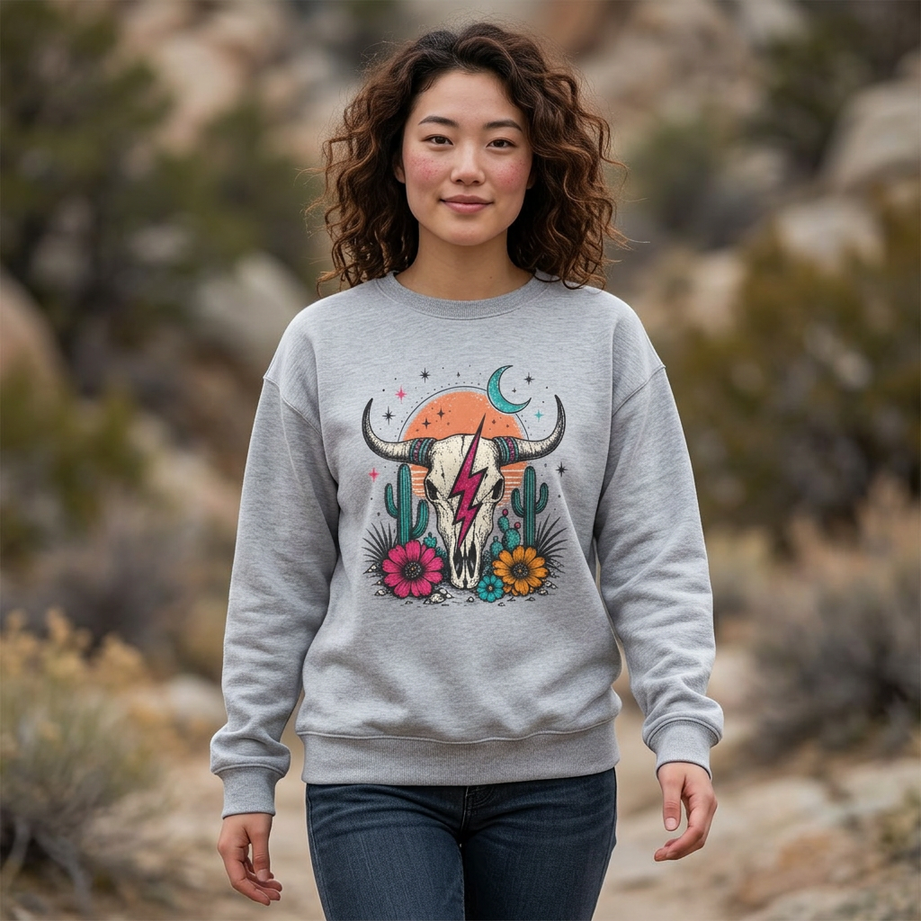 Southwest Skull Crewneck Sweatshirt — Desert Cactus Lightning Graphic