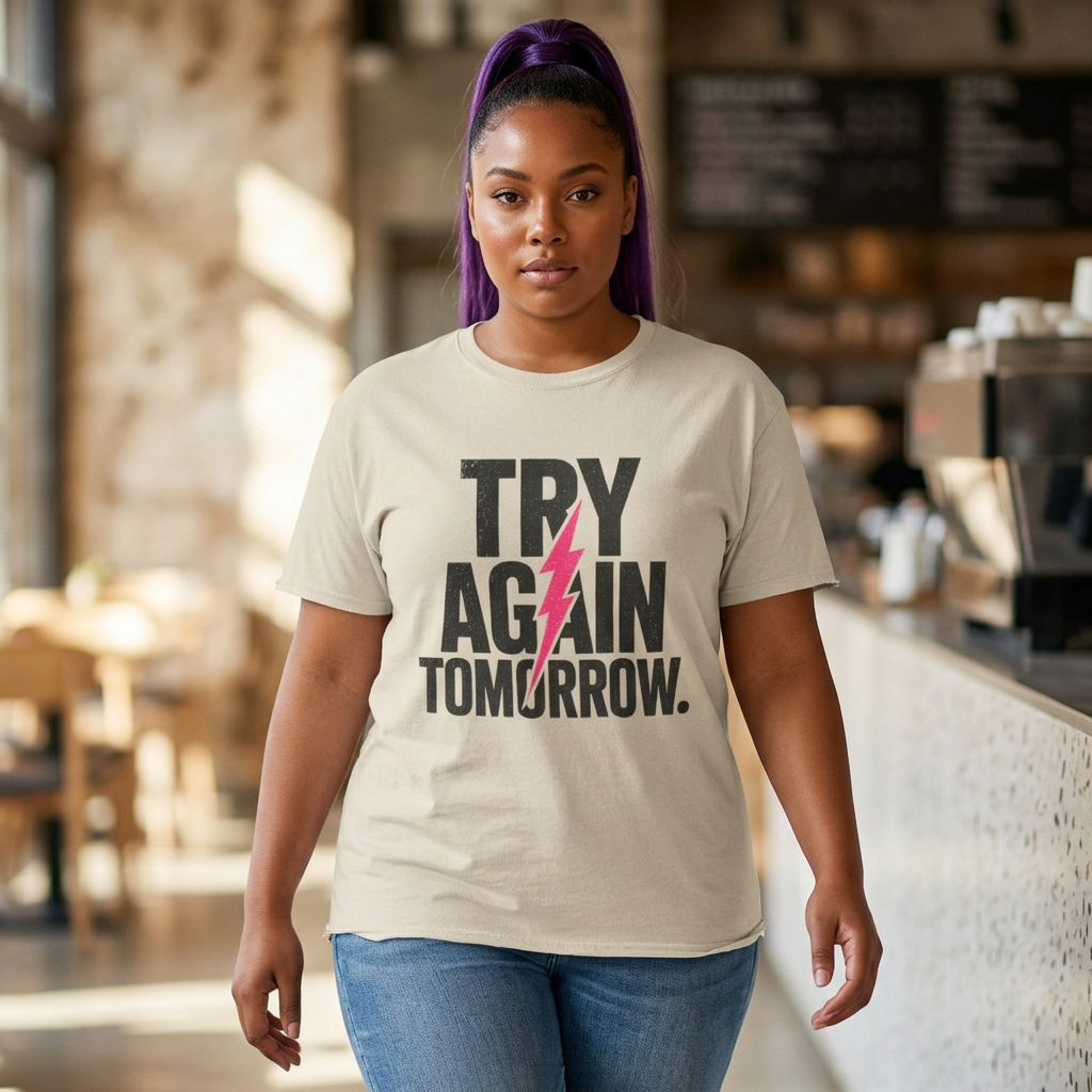 Try Again Tomorrow T-Shirt — Motivational Graphic Tee with Lightning Bolt