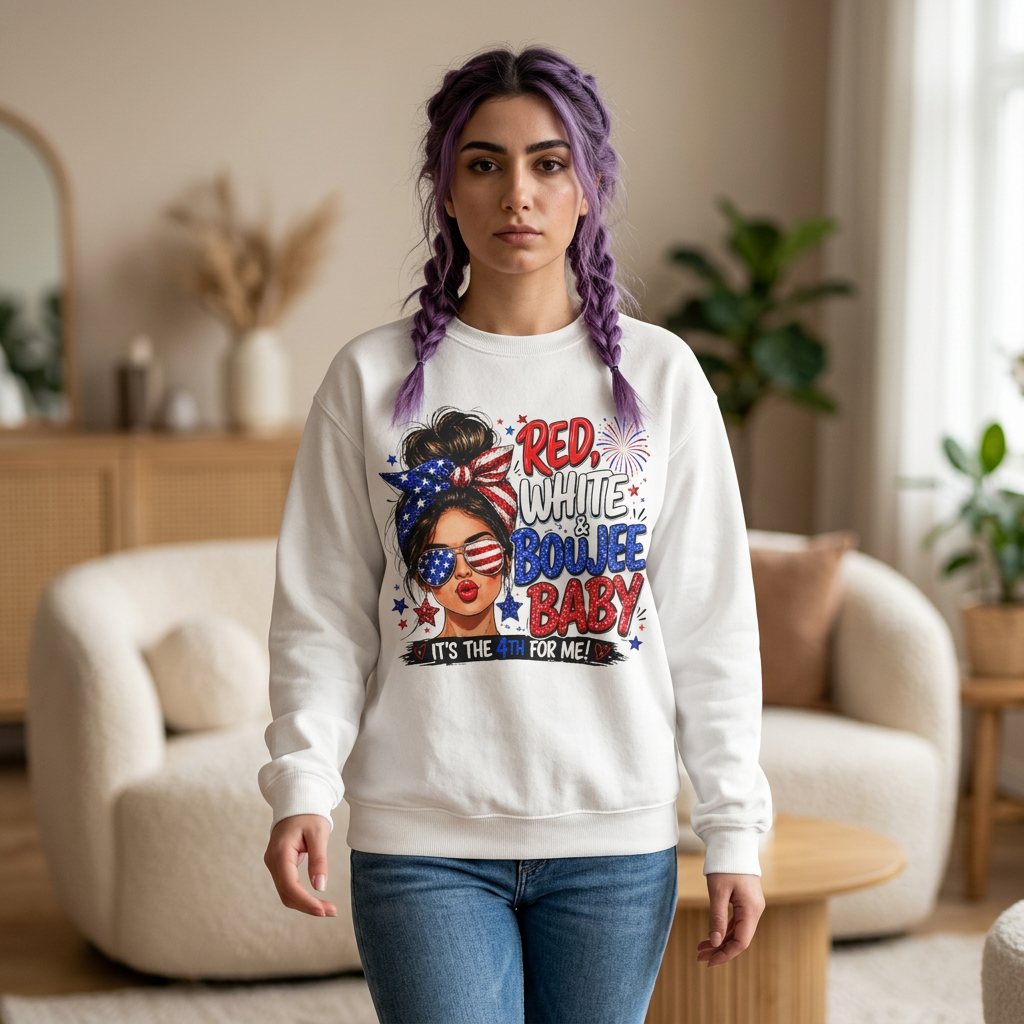 Crewneck Sweatshirt — "Red White Boujee Baby" Patriotic Women's 4th of July Graphic