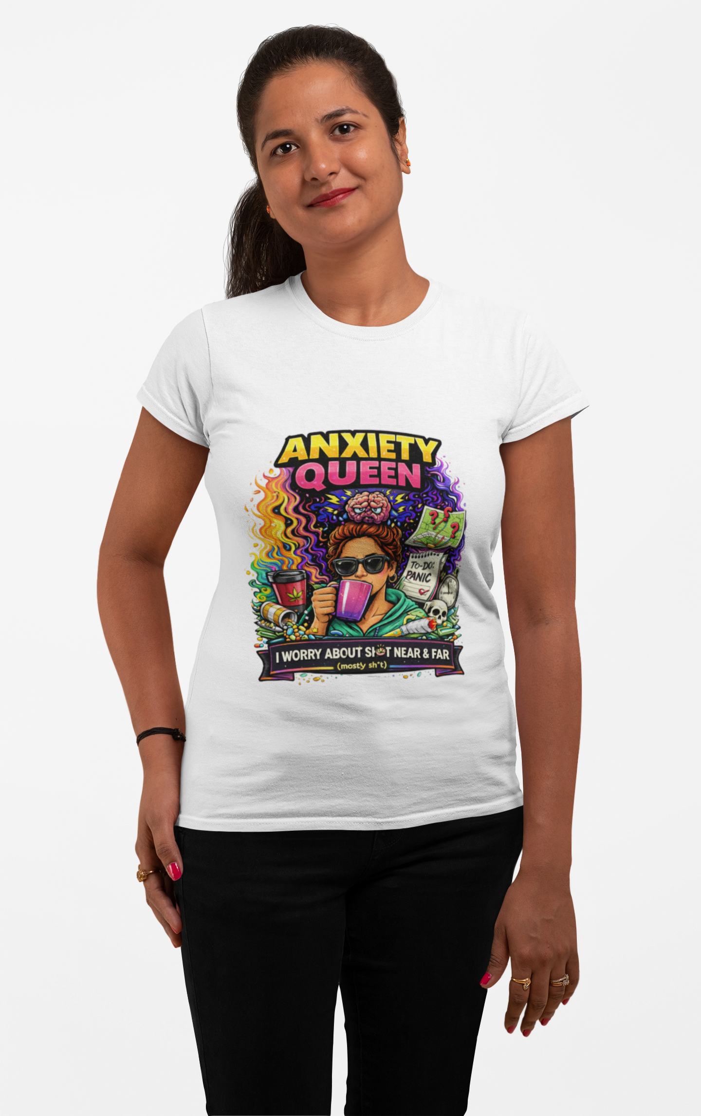 Anxiety Queen T-Shirt – Funny Mental Health Graphic Tee (“I Worry About Sh*t Near & Far”)