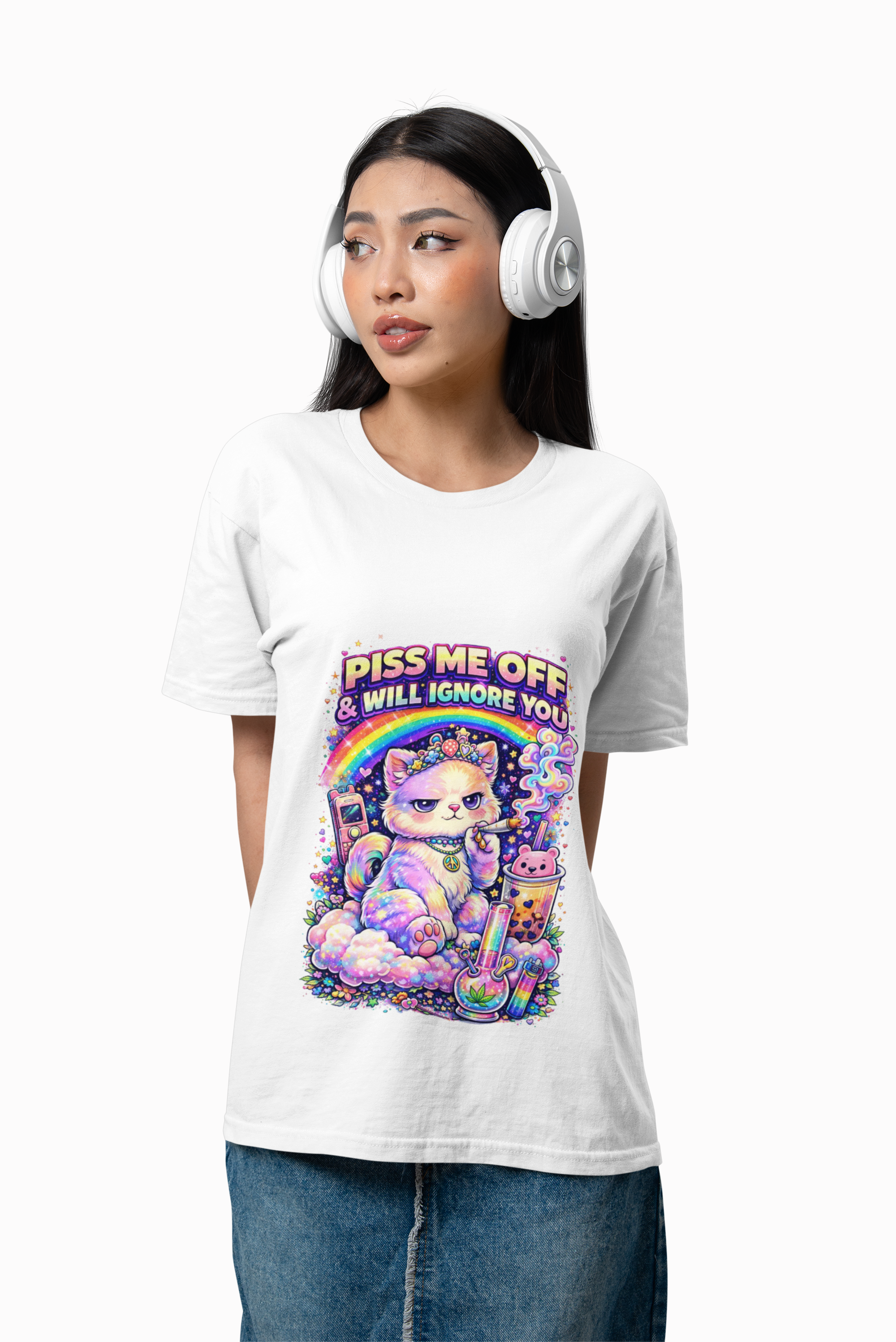 Graphic T-Shirt — "Piss Me Off & I Will Ignore You" Cute Grumpy Cat Rainbow Design