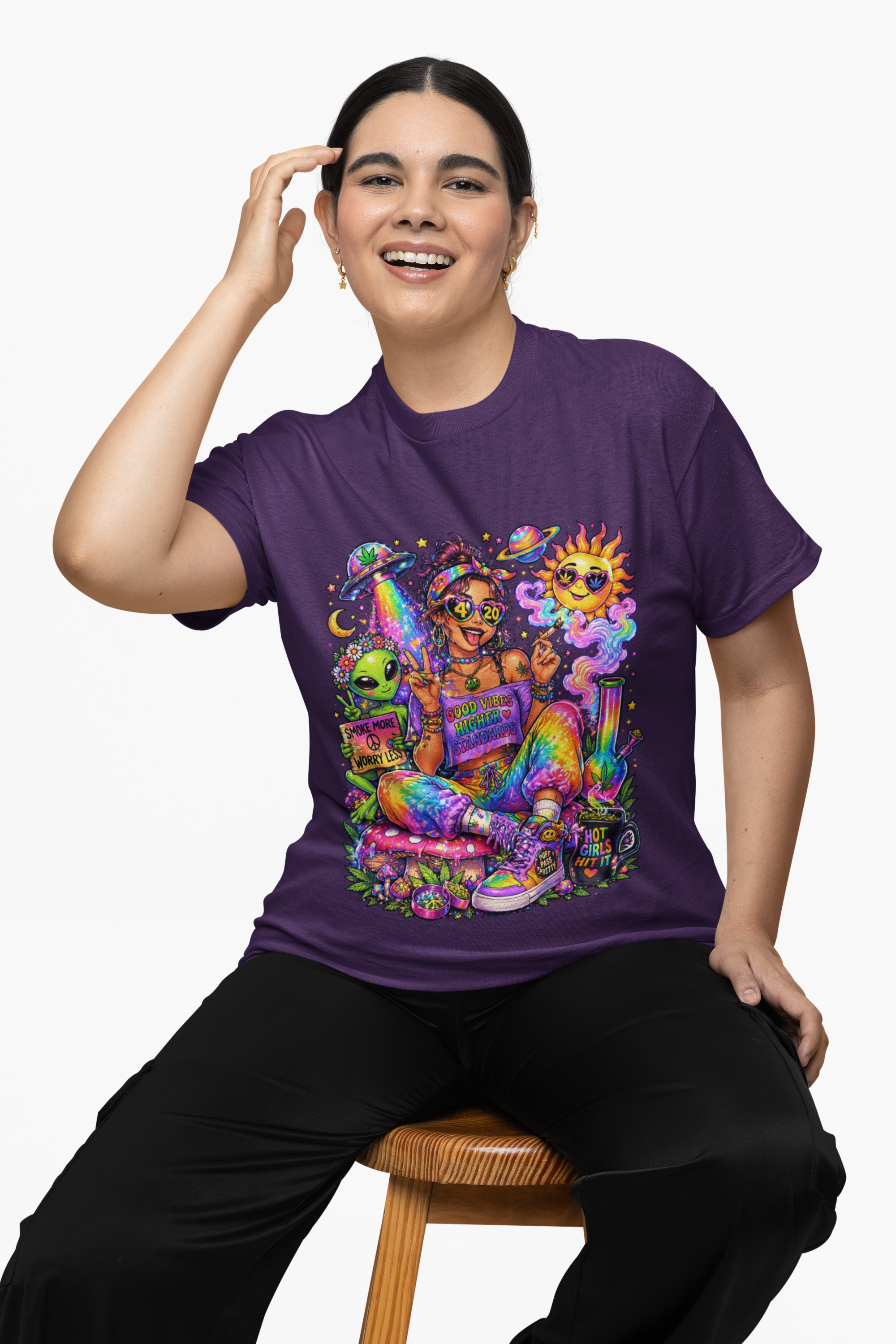 Psychedelic Hippie Girl T-Shirt — Colorful Boho Sun, Mushroom & Alien Graphic Tee