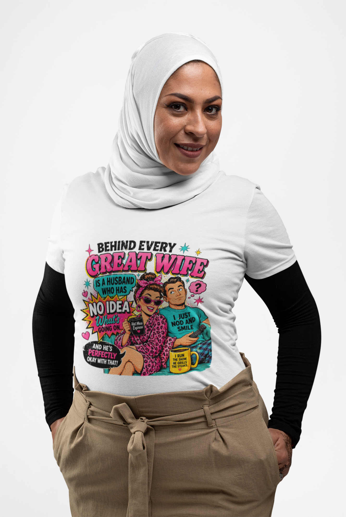Funny "Behind Every Great Wife Is A Husband Who Has No Idea" T-Shirt — Retro Couple Humor Gift