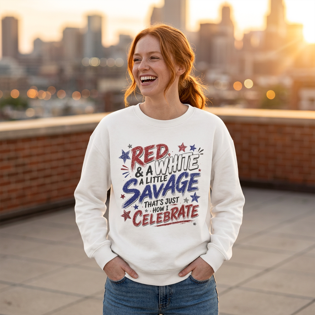 Crewneck Sweatshirt — "Red & White & A Little Savage" Patriotic 4th of July Pullover