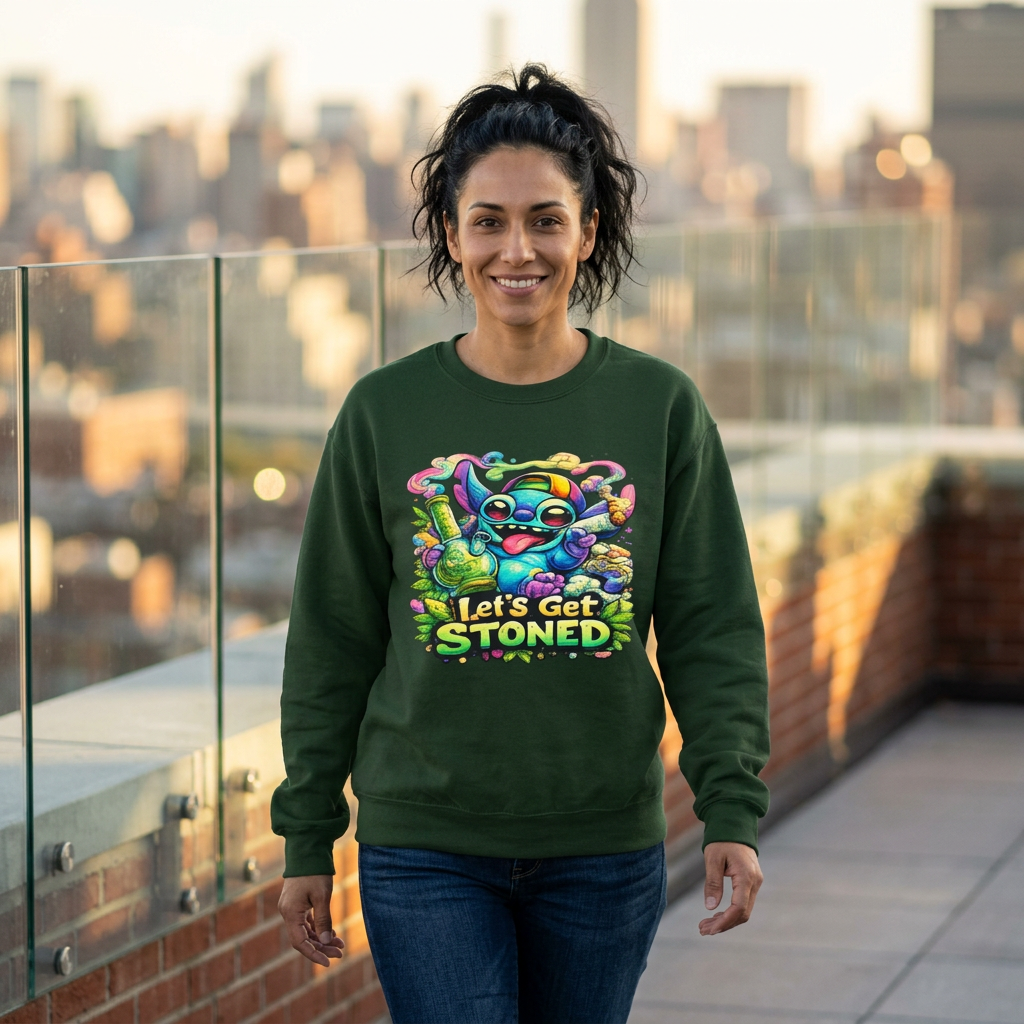 Let's Get Stoned Crewneck Sweatshirt – Colorful Psychedelic Alien Graphic