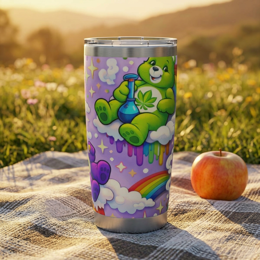 20oz Tumbler — Psychedelic Rainbow Bear Travel Cup with Leaf Motif