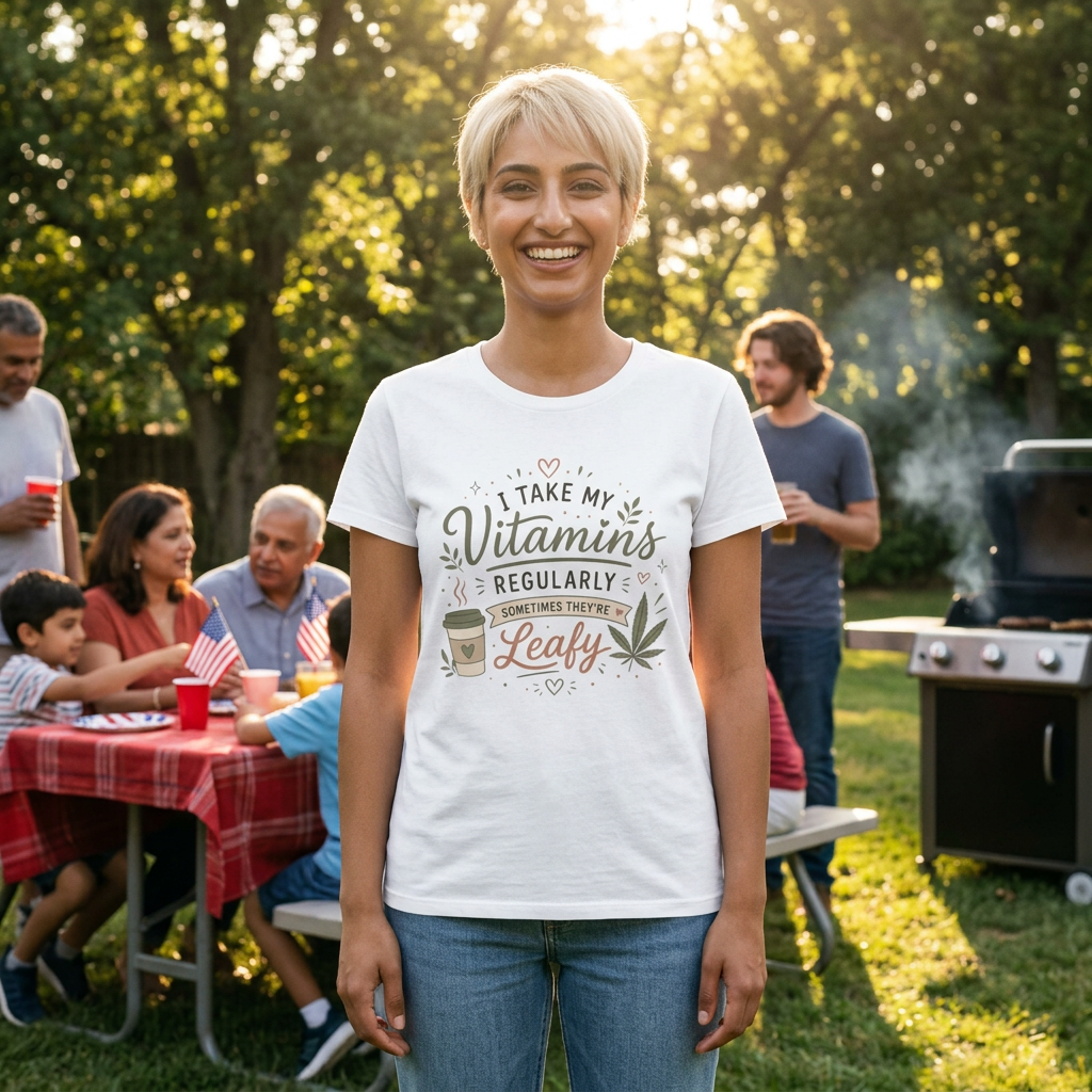 T-Shirt — "I Take My Vitamins Regularly, Sometimes They're Leafy" Funny Cannabis Coffee Tee