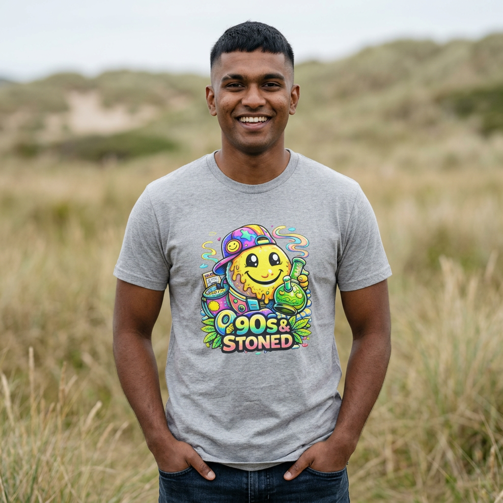 90s & Stoned Smiley Tee — Retro Vaporwave Cannabis Graphic T-Shirt