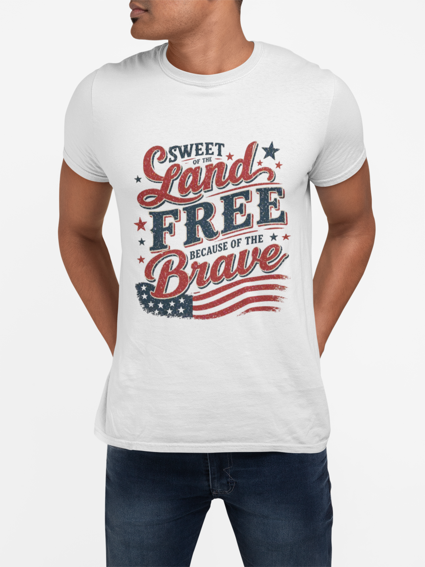 Patriotic Tee — "Sweet Land Free Because of the Brave" American Flag Shirt