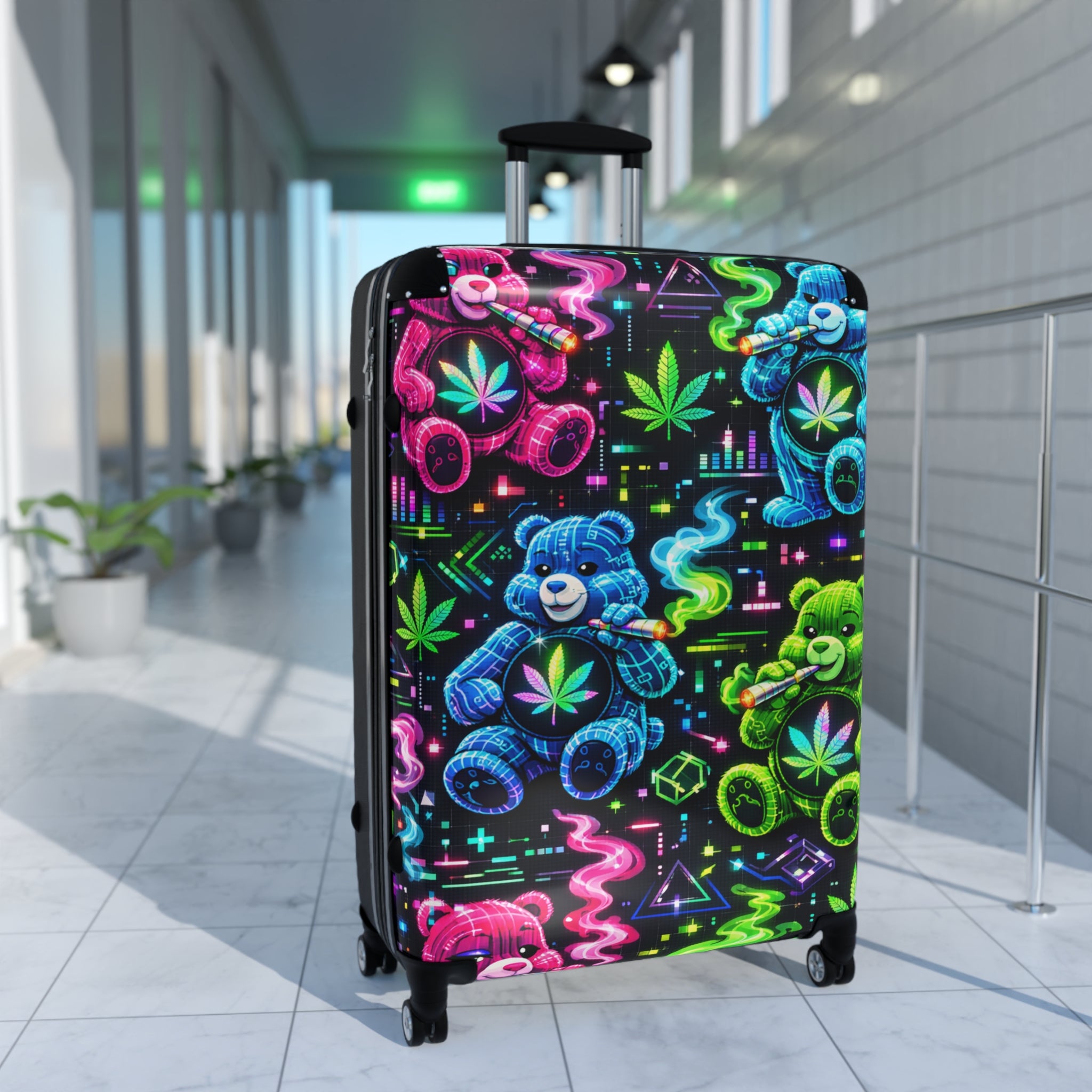 Neon Teddy Cannabis Suitcase – Colorful Psychedelic Carry-On