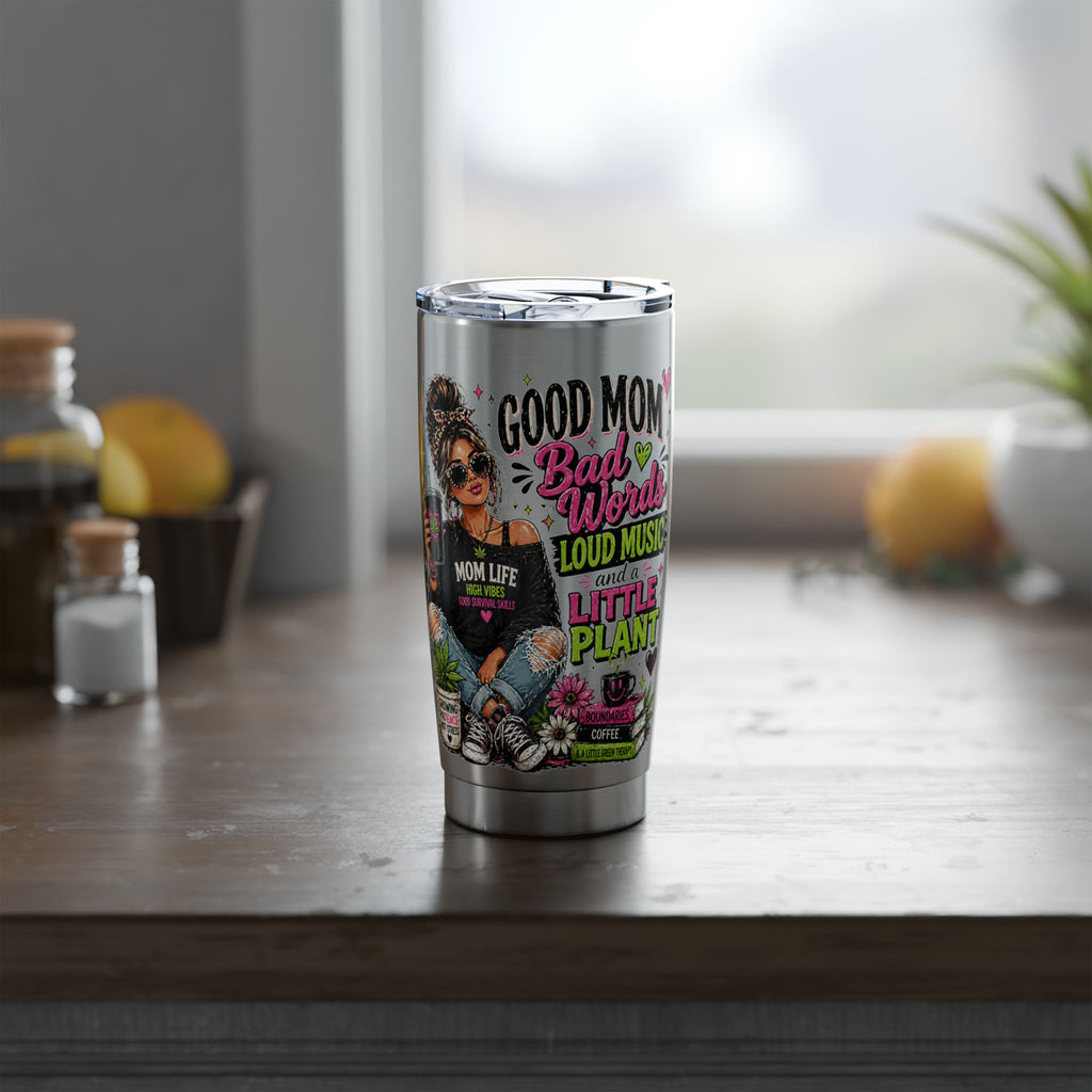 Mom Life 20oz Tumbler – 'Mom with Coffee, Plants & Music' Insulated Travel Cup