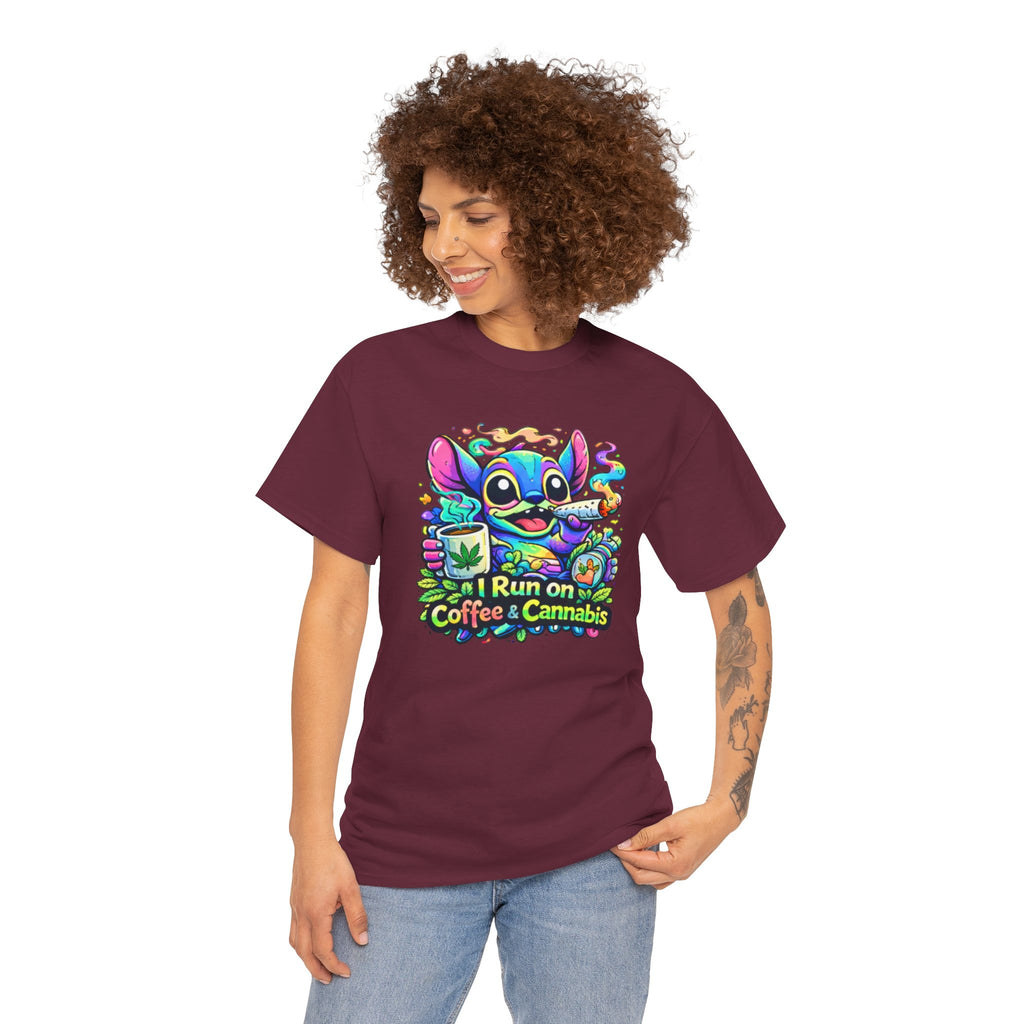 Coffee & Cannabis Tee — 'I Run on Coffee & Cannabis' Cute Stitch Graphic T-Shirt