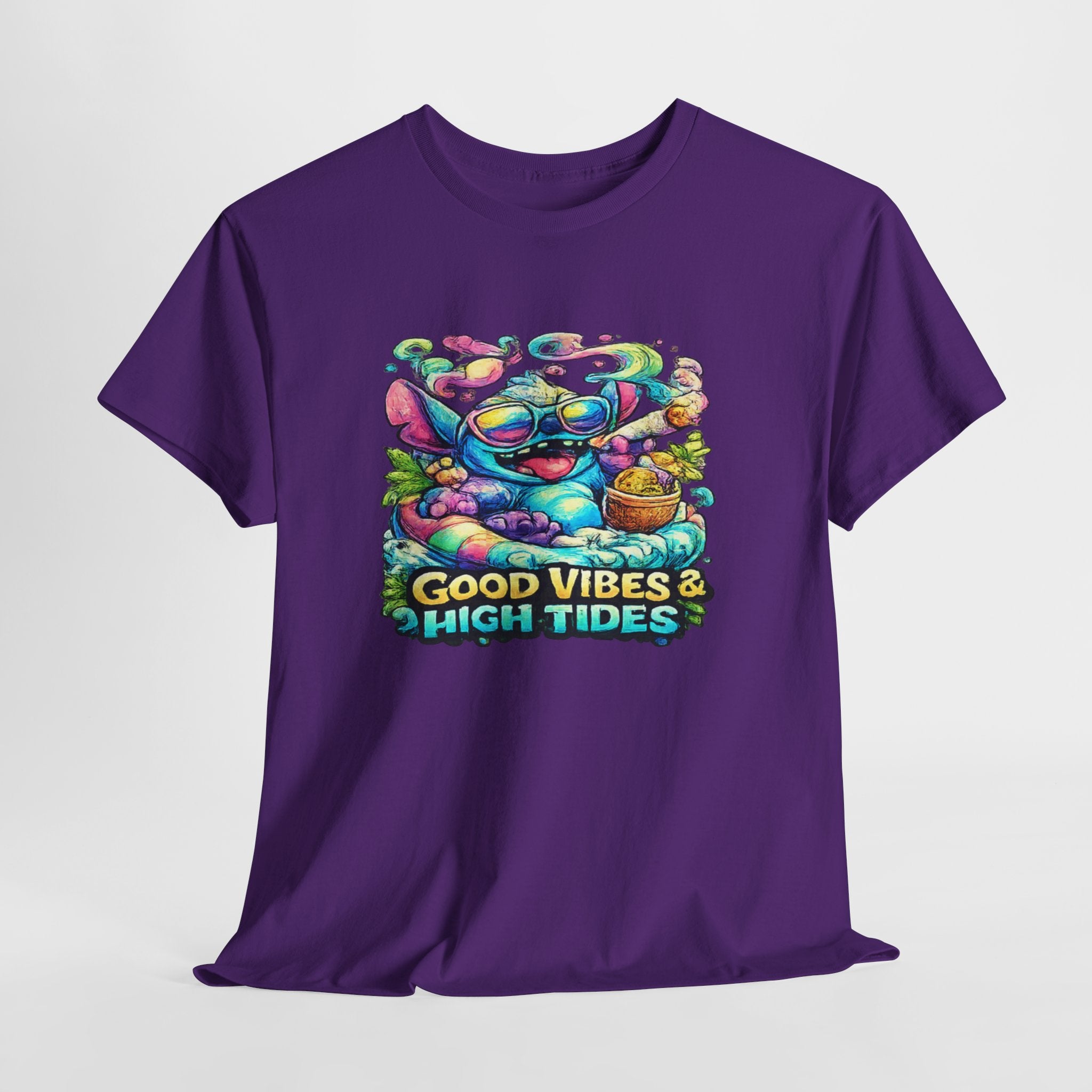 T-Shirt — "Good Vibes & High Tides" Colorful Surf Shark Graphic Tee