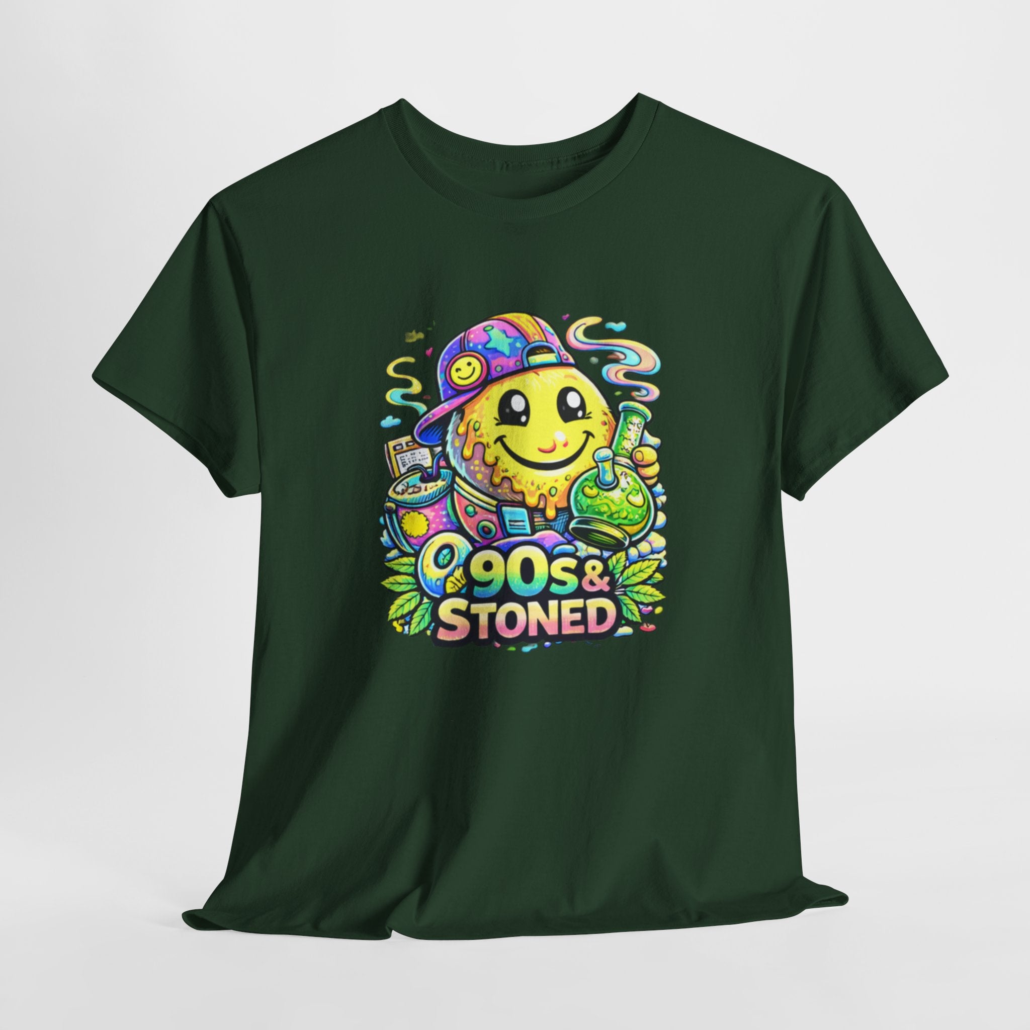 90s & Stoned Smiley Tee — Retro Vaporwave Cannabis Graphic T-Shirt