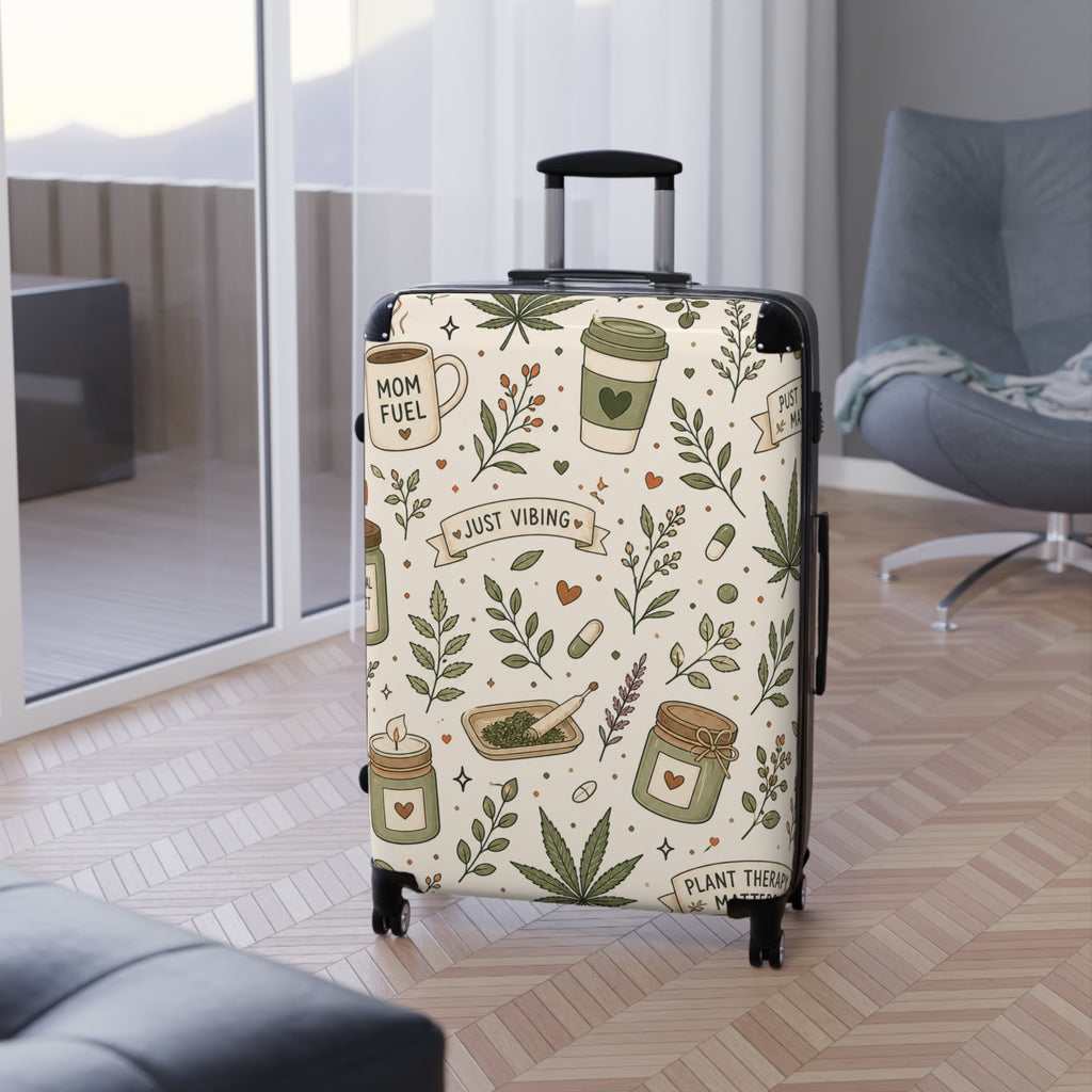 Suitcase — "Just Vibing" Mom Fuel Travel Luggage with Botanical Coffee & Hemp Pattern