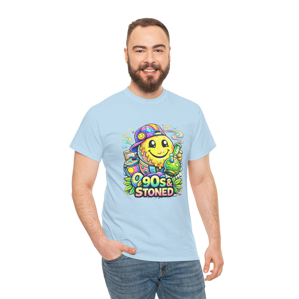 90s & Stoned Smiley Tee — Retro Vaporwave Cannabis Graphic T-Shirt