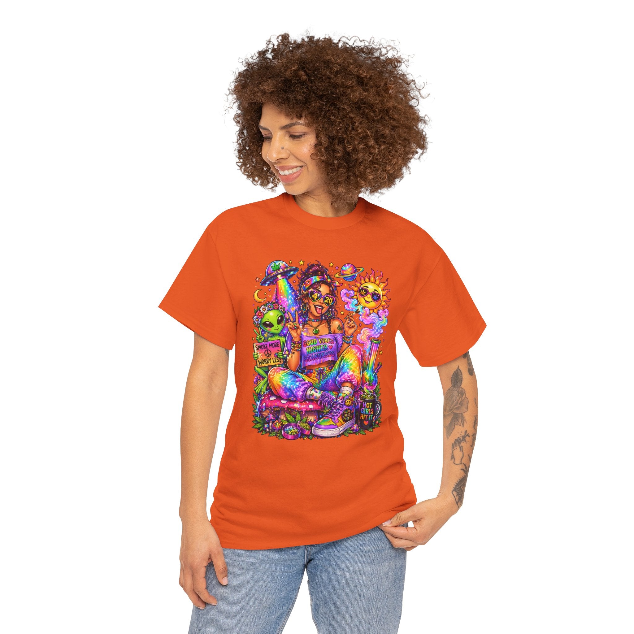 Psychedelic Hippie Girl T-Shirt — Colorful Boho Sun, Mushroom & Alien Graphic Tee